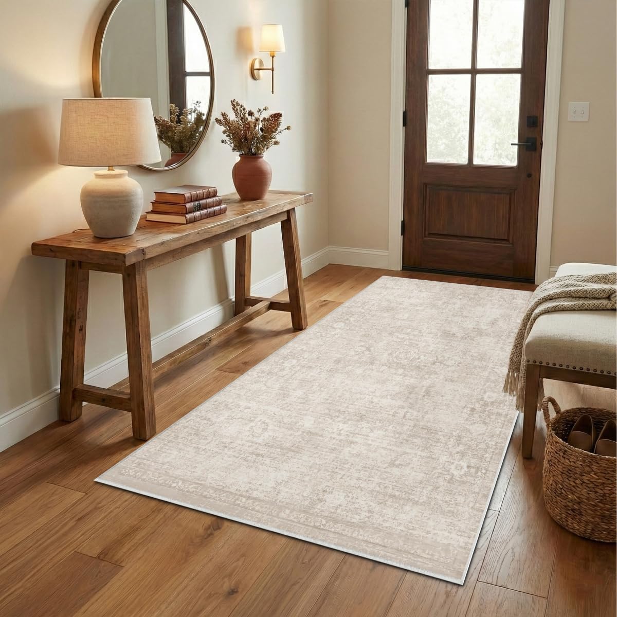 Homemate Washable Rug 8x10 Area Rugs - Vintage Faux Wool Rugs for Living Room Bedroom Dining Room - Non Slip Foldable Carpet Indoor Area Rug for Home Decor（8'x10', Beige