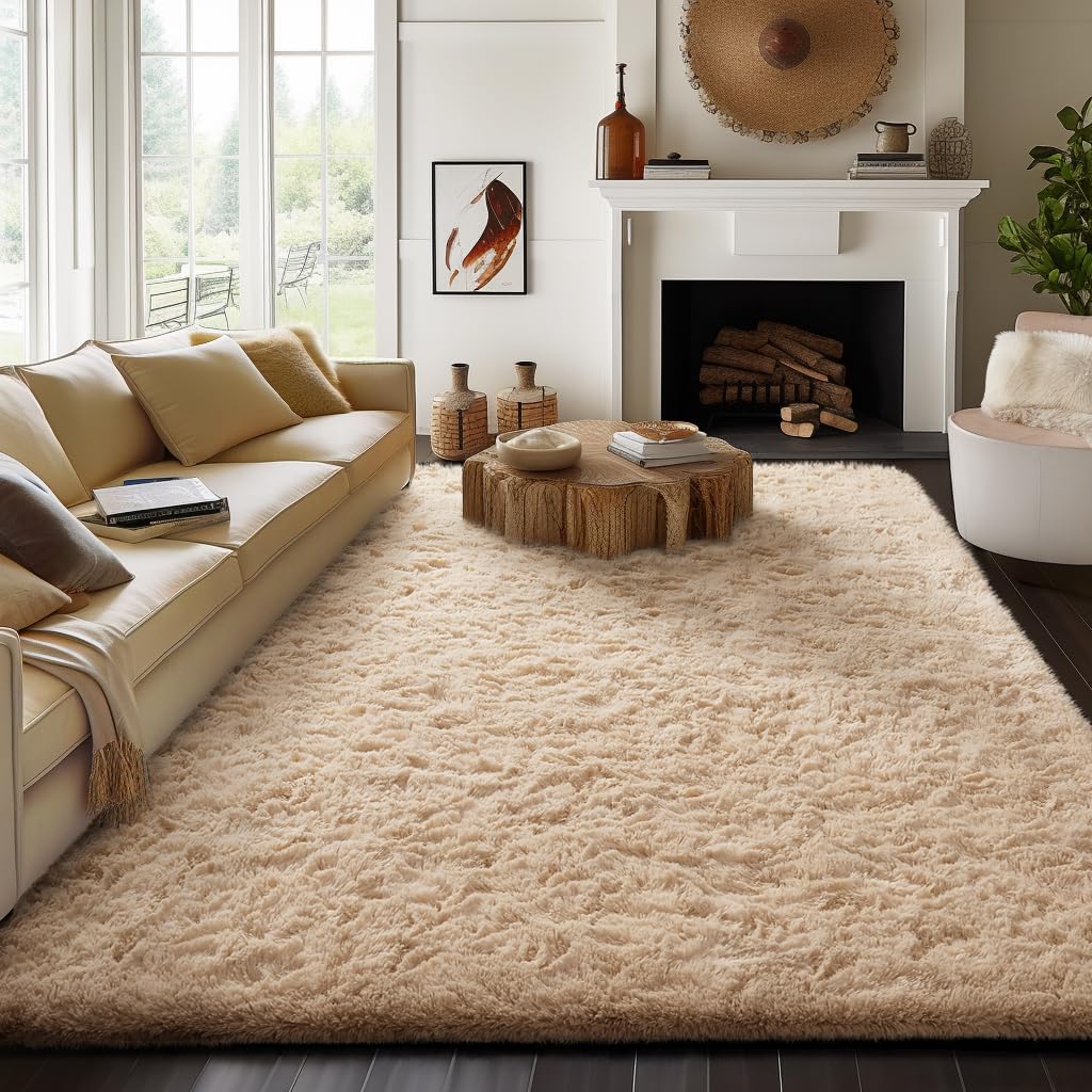 Ophanie 8x10 Area Rugs for Living Room, Upgrade Non-Slip Fluffy Soft Large Shag Bedroom Carpet, Ivory Big Indoor Thick Nursery Rug, Carpets for Boy and Girls Room Dorm Home Decor Aesthetic