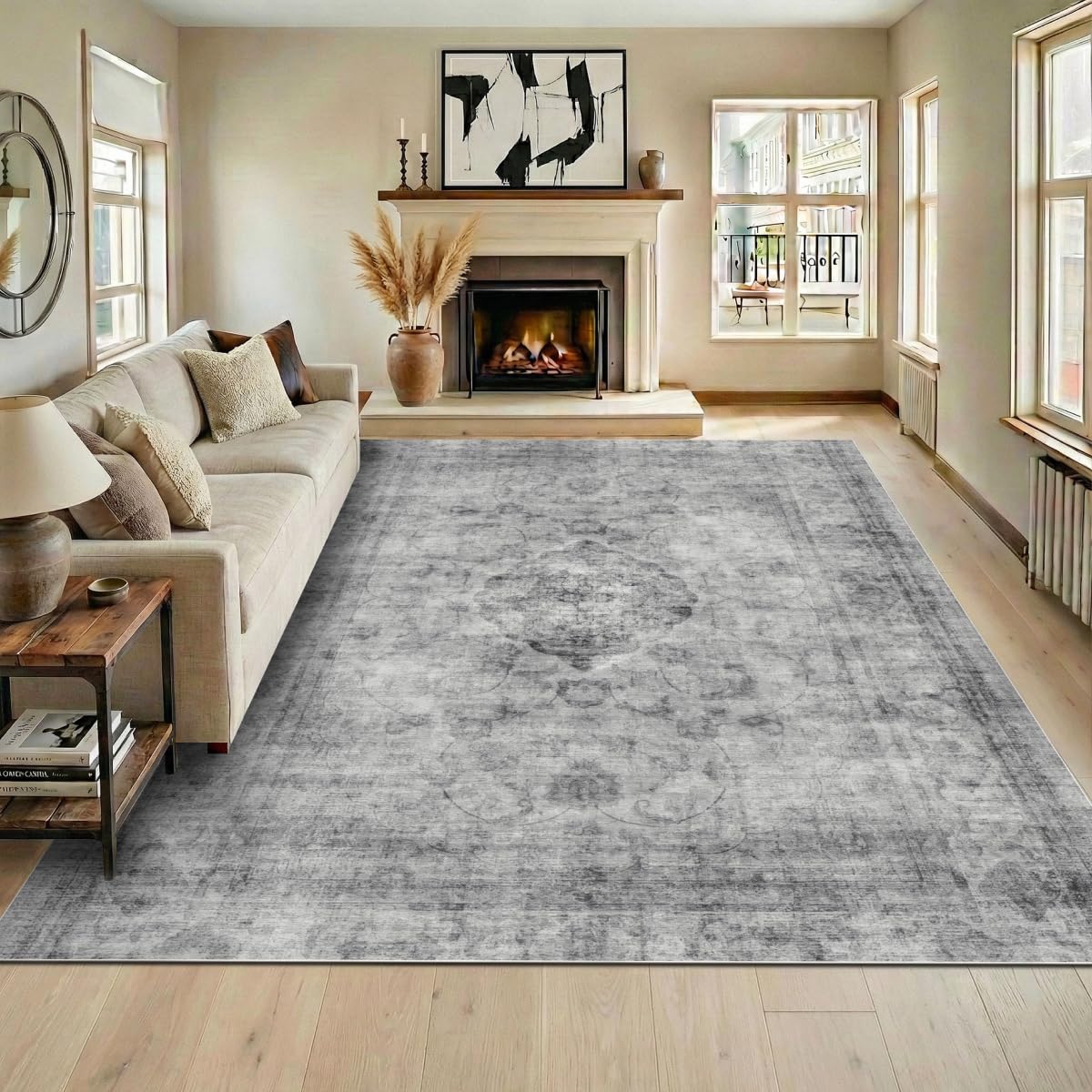 Homemate Washable Rug 8x10 Area Rugs - Vintage Faux Wool Rugs for Living Room Bedroom Dining Room - Non Slip Foldable Carpet Indoor Area Rug for Home Decor（8'x10', Beige