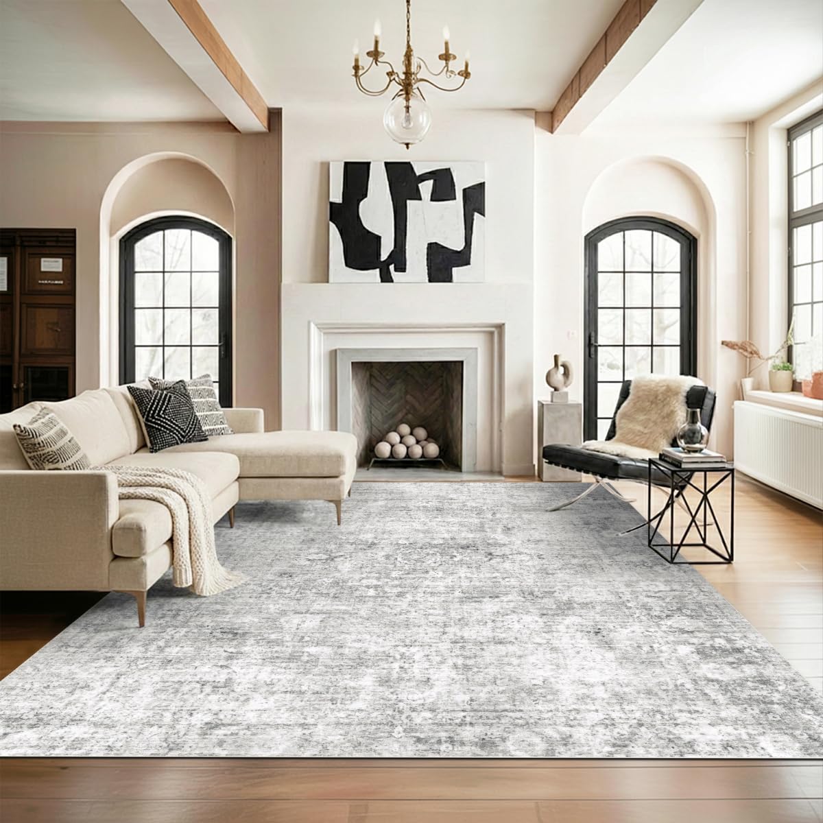 Homemate Washable Rug 8x10 Area Rugs - Vintage Faux Wool Rugs for Living Room Bedroom Dining Room - Non Slip Foldable Carpet Indoor Area Rug for Home Decor（8'x10', Beige