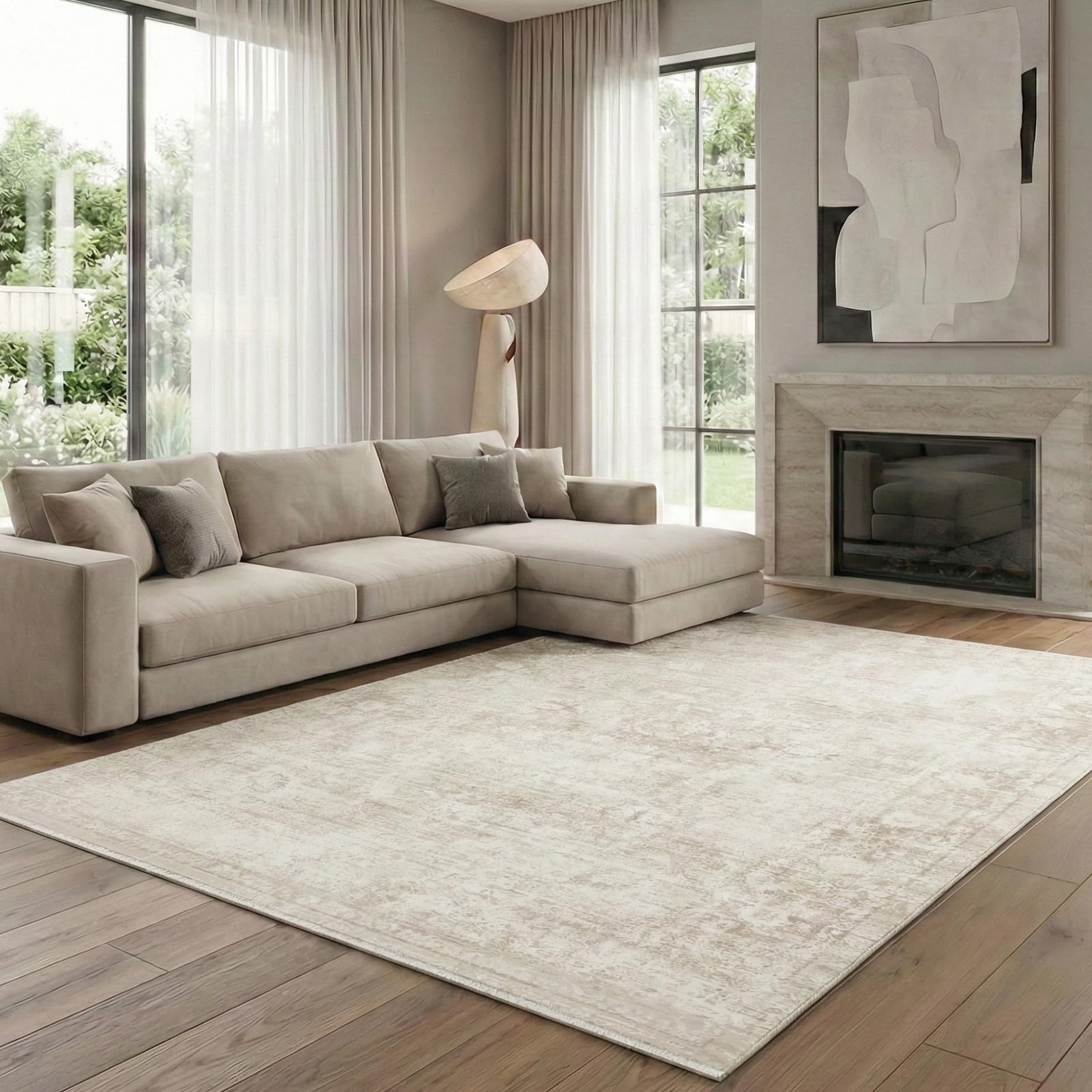Homemate Washable Rug 8x10 Area Rugs - Vintage Faux Wool Rugs for Living Room Bedroom Dining Room - Non Slip Foldable Carpet Indoor Area Rug for Home Decor（8'x10', Beige