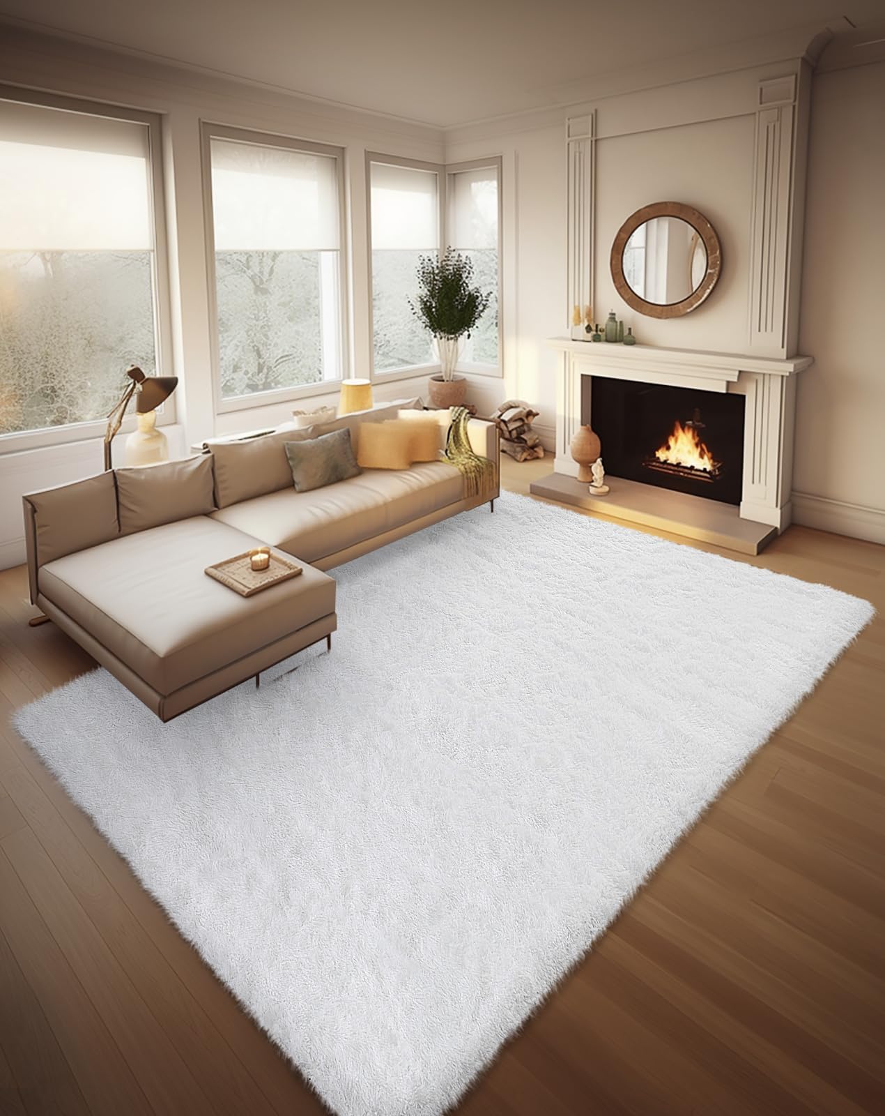 Ophanie 8x10 Area Rugs for Living Room, Upgrade Non-Slip Fluffy Soft Large Shag Bedroom Carpet, Ivory Big Indoor Thick Nursery Rug, Carpets for Boy and Girls Room Dorm Home Decor Aesthetic