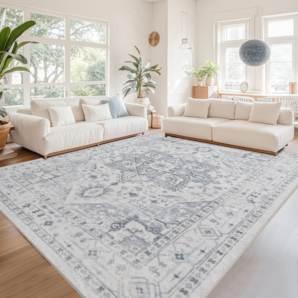 Srugn Washable Rugs 8x10 Area Rugs for Living Room,Ultra Soft Faux Wool Retro Rugs for Bedroom,Dining Room,Non Slip&Non-Shedding Low Pile Vintage Print Rug Indoor Large Carpets for Home Office Decor