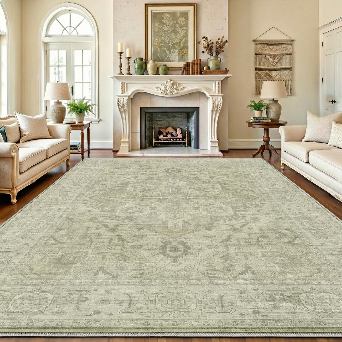 Homemate Washable Rug 8x10 Area Rugs - Vintage Faux Wool Rugs for Living Room Bedroom Dining Room - Non Slip Foldable Carpet Indoor Area Rug for Home Decor（8'x10', Beige