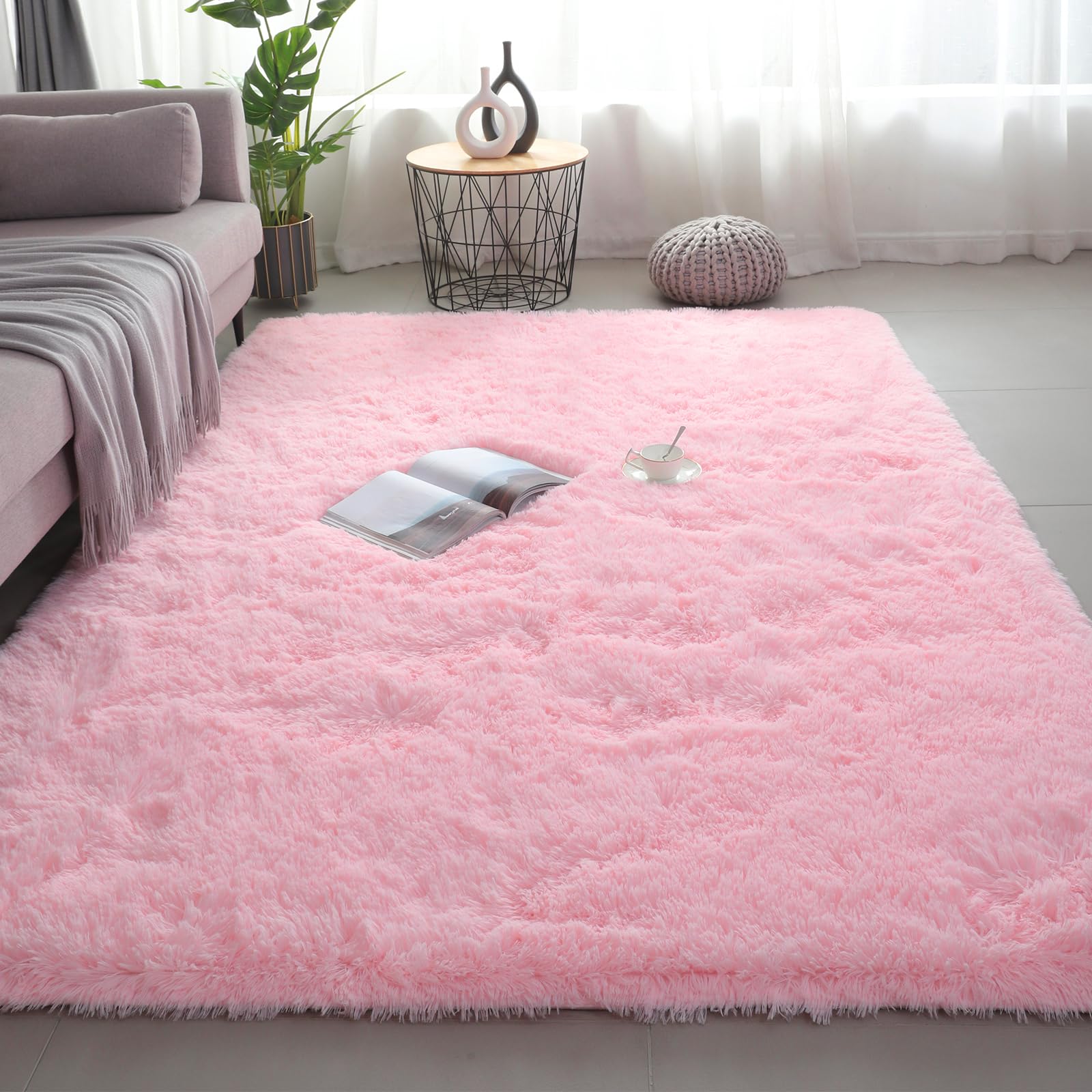 Shag Area Rugs for Bedroom Living Room,8X10 Ultra Soft Fluffy Area Rugs for Dorm, Indoor Carpet Nursery Rugs for Kids Girls Room Home Decor,Tie-Dye Grey