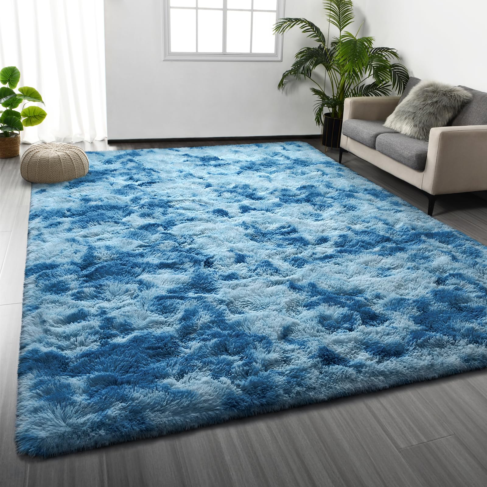 Deerhoo Large Shag Area Rugs 6 x 9, Tie-Dyed Plush Fuzzy Rug for Living Room, Ultra Soft Fluffy Furry Rugs for Bedroom, Indoor Carpet Nursery Rugs for Kids Room Home Decor, Light Grey