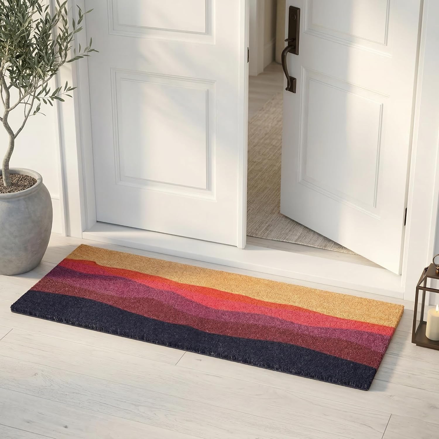 Fab Habitat Geometric Abstract Nature Non Slip Doormat Thin - Handwoven, Durable - Natural Coir - Entryway, Front Door, Porch, Patio - Shades of Dawn Orange Magenta (18" x 60" Non-Slip)