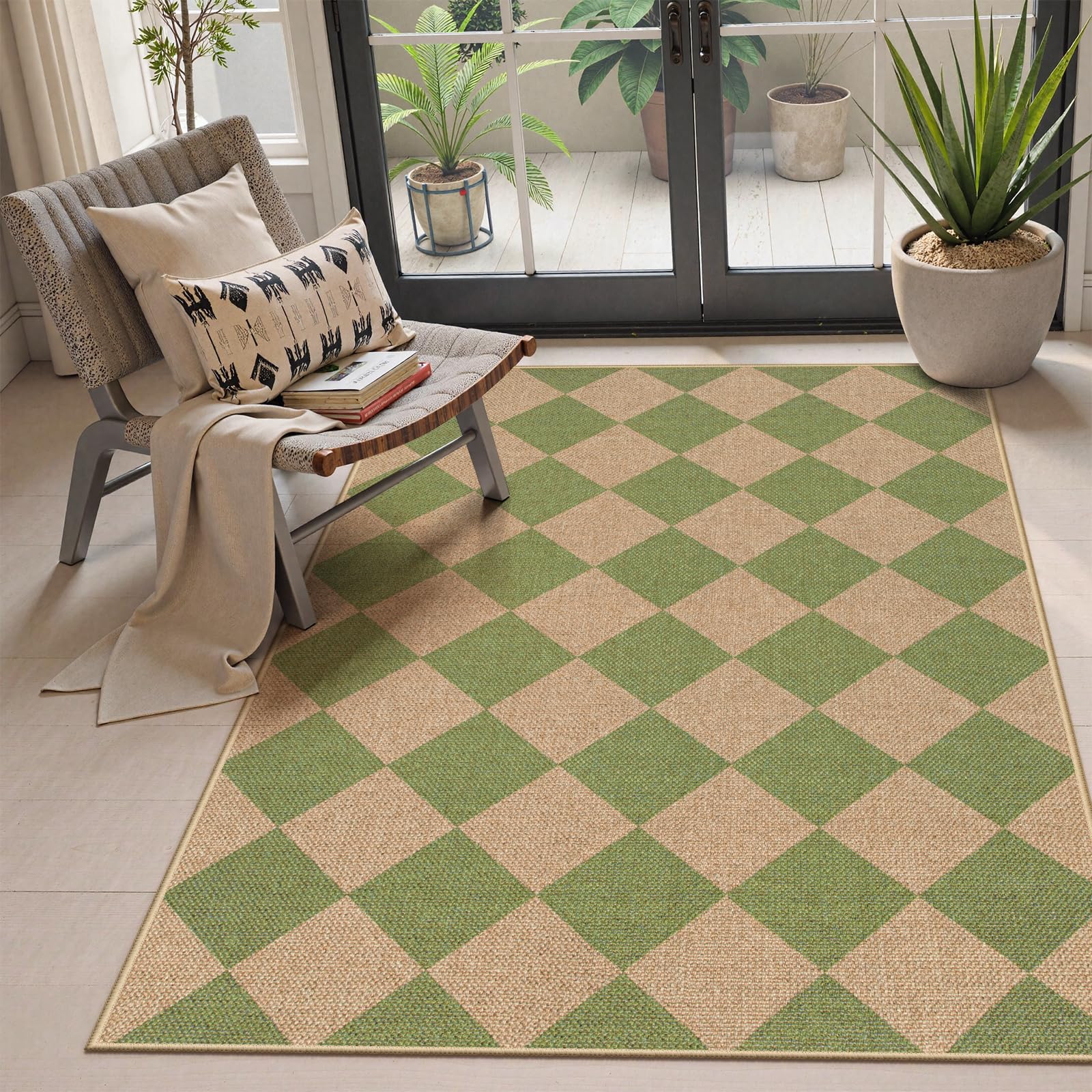 Lahome Colette Checkered Easy Jute Entryway Rug, 3x5 Washable Area Rugs for Living Room Outdoor Patio, Non Slip Blue Indoor Door Mat Checkerboard Throw Carpet for Entry Front Door Guestroom Deck
