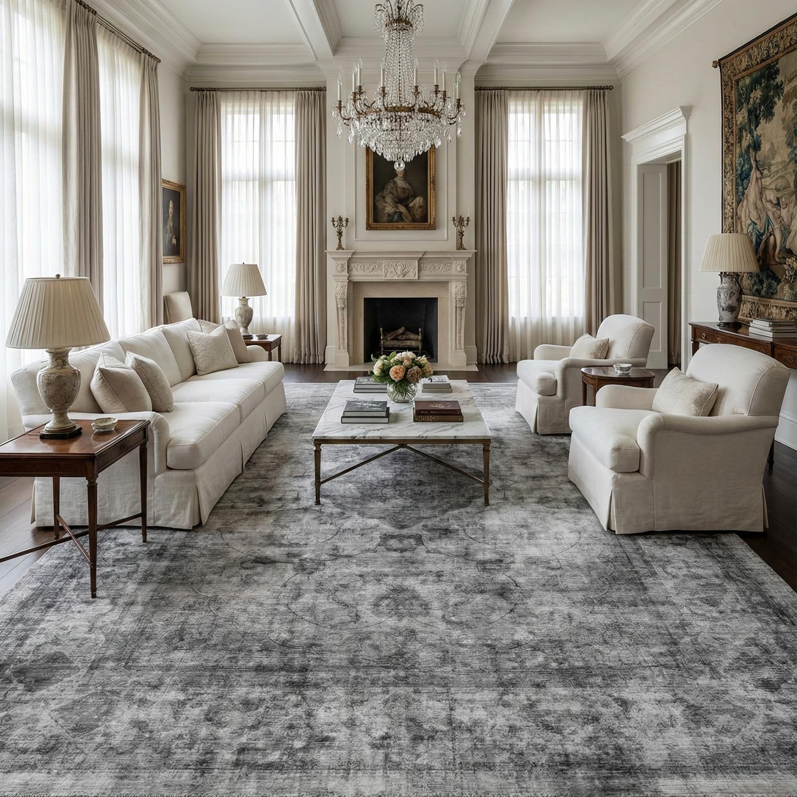 Homemate Washable Rug 8x10 Area Rugs - Vintage Faux Wool Rugs for Living Room Bedroom Dining Room - Non Slip Foldable Carpet Indoor Area Rug for Home Decor（8'x10', Beige