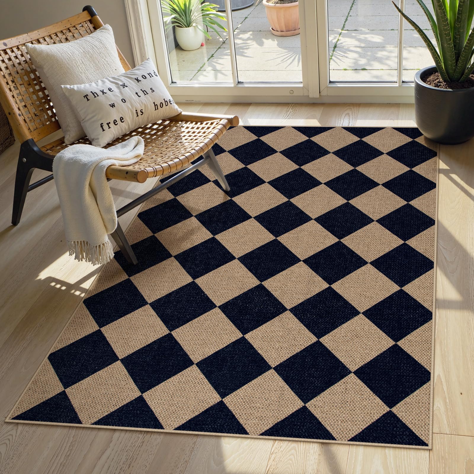 Lahome Colette Checkered Easy Jute Entryway Rug, 3x5 Washable Area Rugs for Living Room Outdoor Patio, Non Slip Blue Indoor Door Mat Checkerboard Throw Carpet for Entry Front Door Guestroom Deck