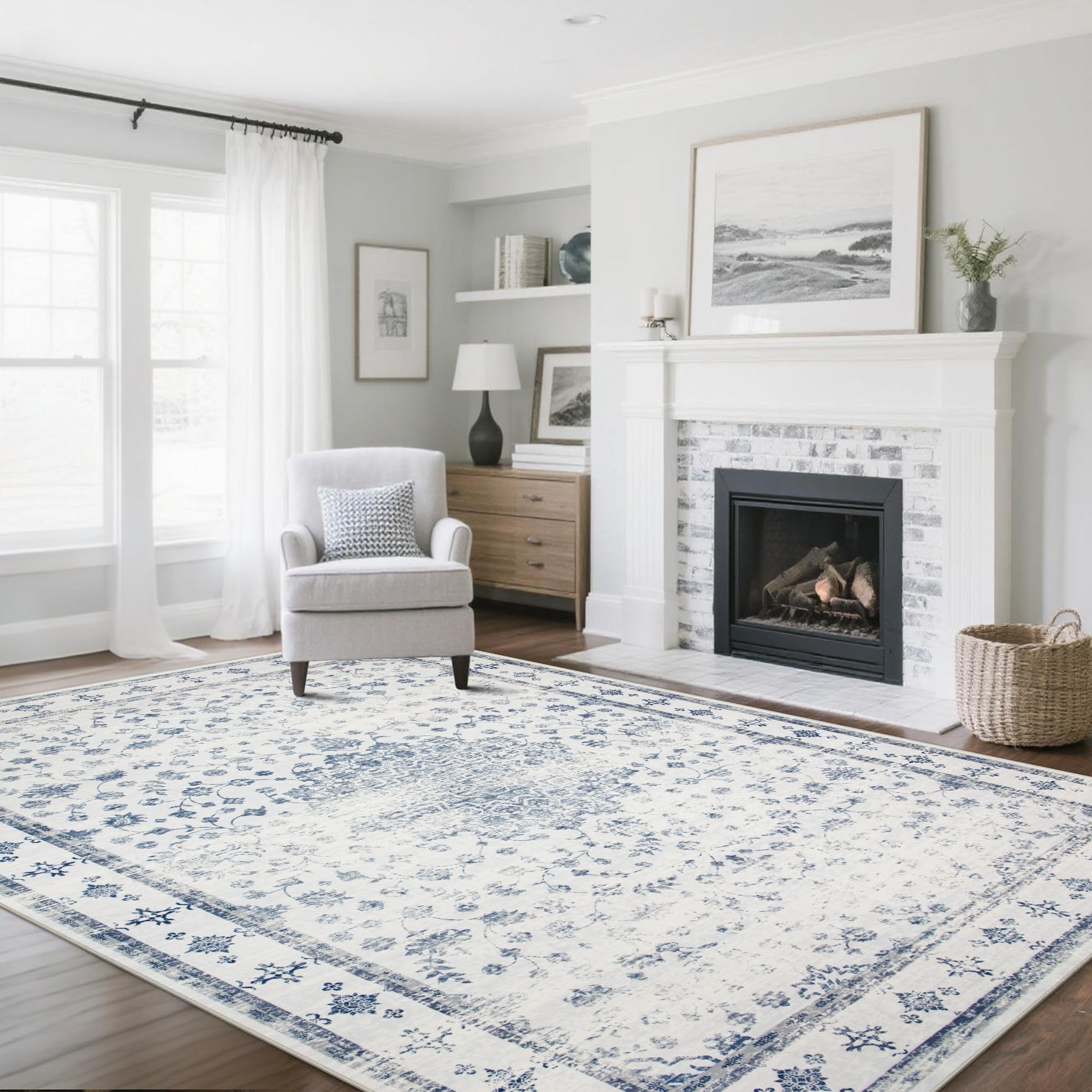 Srugn Washable Rugs 8x10 Area Rugs for Living Room,Ultra Soft Faux Wool Retro Rugs for Bedroom,Dining Room,Non Slip&Non-Shedding Low Pile Vintage Print Rug Indoor Large Carpets for Home Office Decor