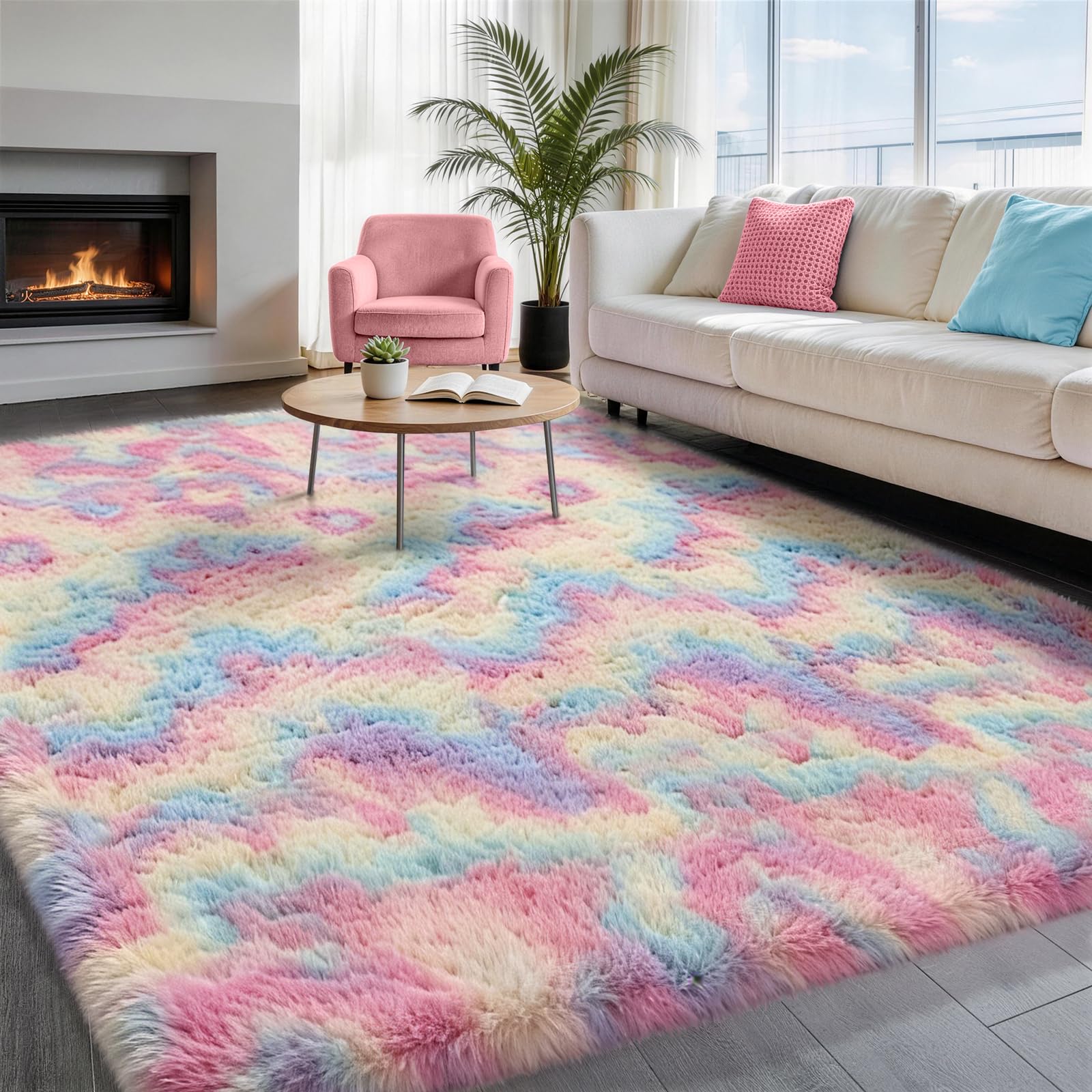 Ophanie 8x10 Area Rugs for Living Room, Upgrade Non-Slip Fluffy Soft Large Shag Bedroom Carpet, Ivory Big Indoor Thick Nursery Rug, Carpets for Boy and Girls Room Dorm Home Decor Aesthetic