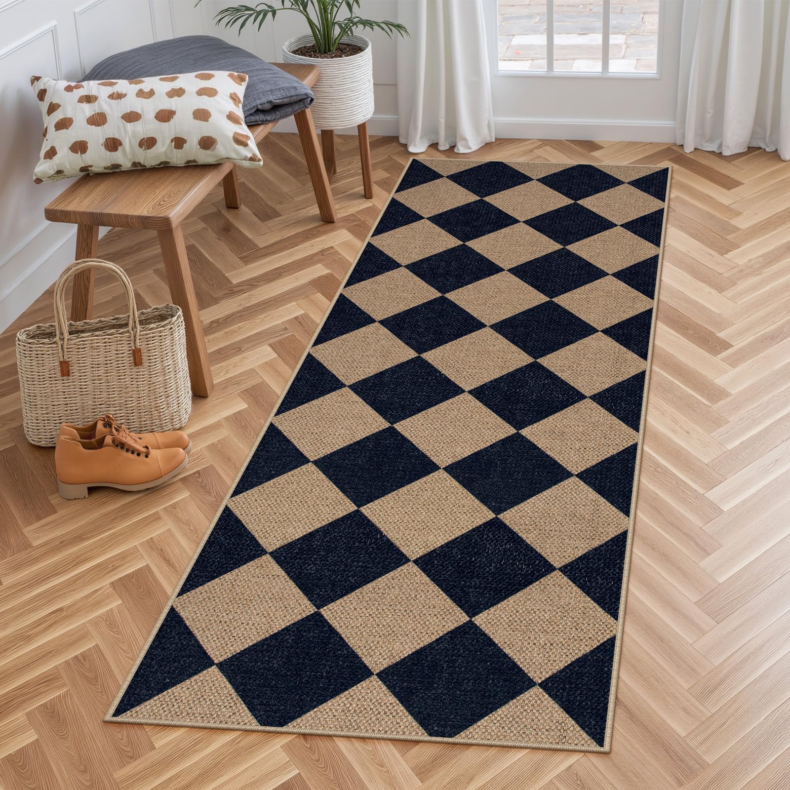 Lahome Colette Checkered Easy Jute Entryway Rug, 3x5 Washable Area Rugs for Living Room Outdoor Patio, Non Slip Blue Indoor Door Mat Checkerboard Throw Carpet for Entry Front Door Guestroom Deck