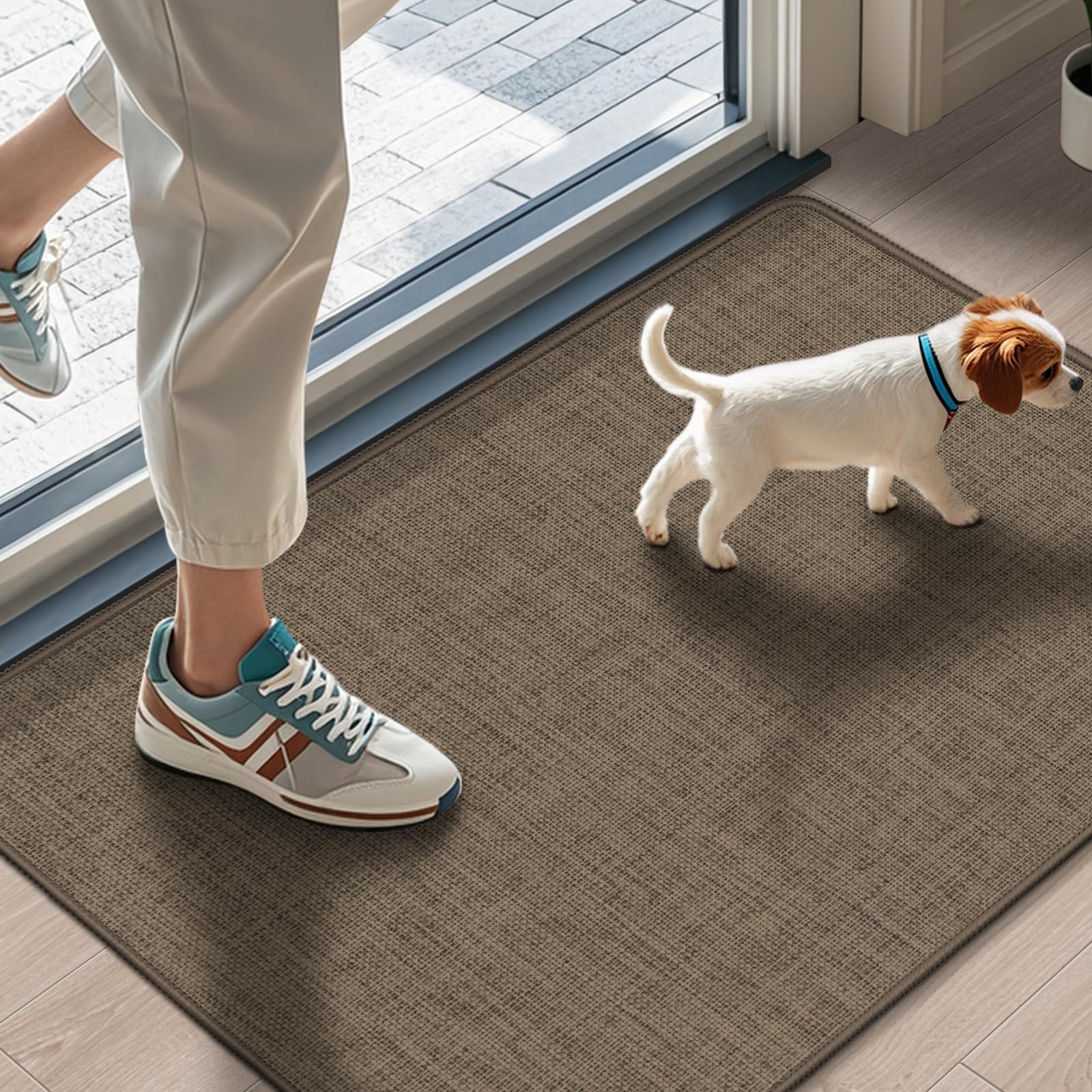 LEKEEPGO Ultra Thin Indoor Door Mat 36"x59", Low-Profile Door Mat Indoor Entrance, Non Slip Rubber Backing Inside Doormat Washable Welcome Front Entryway Dirt Trapper Entry Mat, Khaki