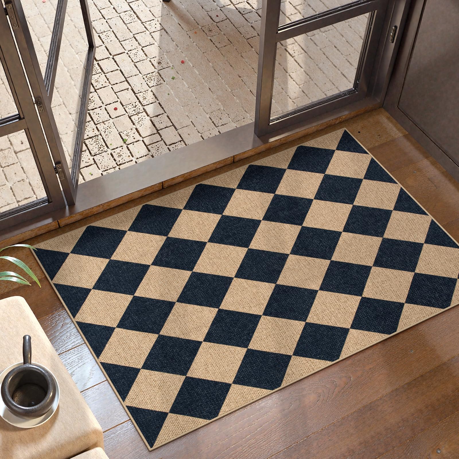 Lahome Colette Checkered Easy Jute Entryway Rug, 3x5 Washable Area Rugs for Living Room Outdoor Patio, Non Slip Blue Indoor Door Mat Checkerboard Throw Carpet for Entry Front Door Guestroom Deck