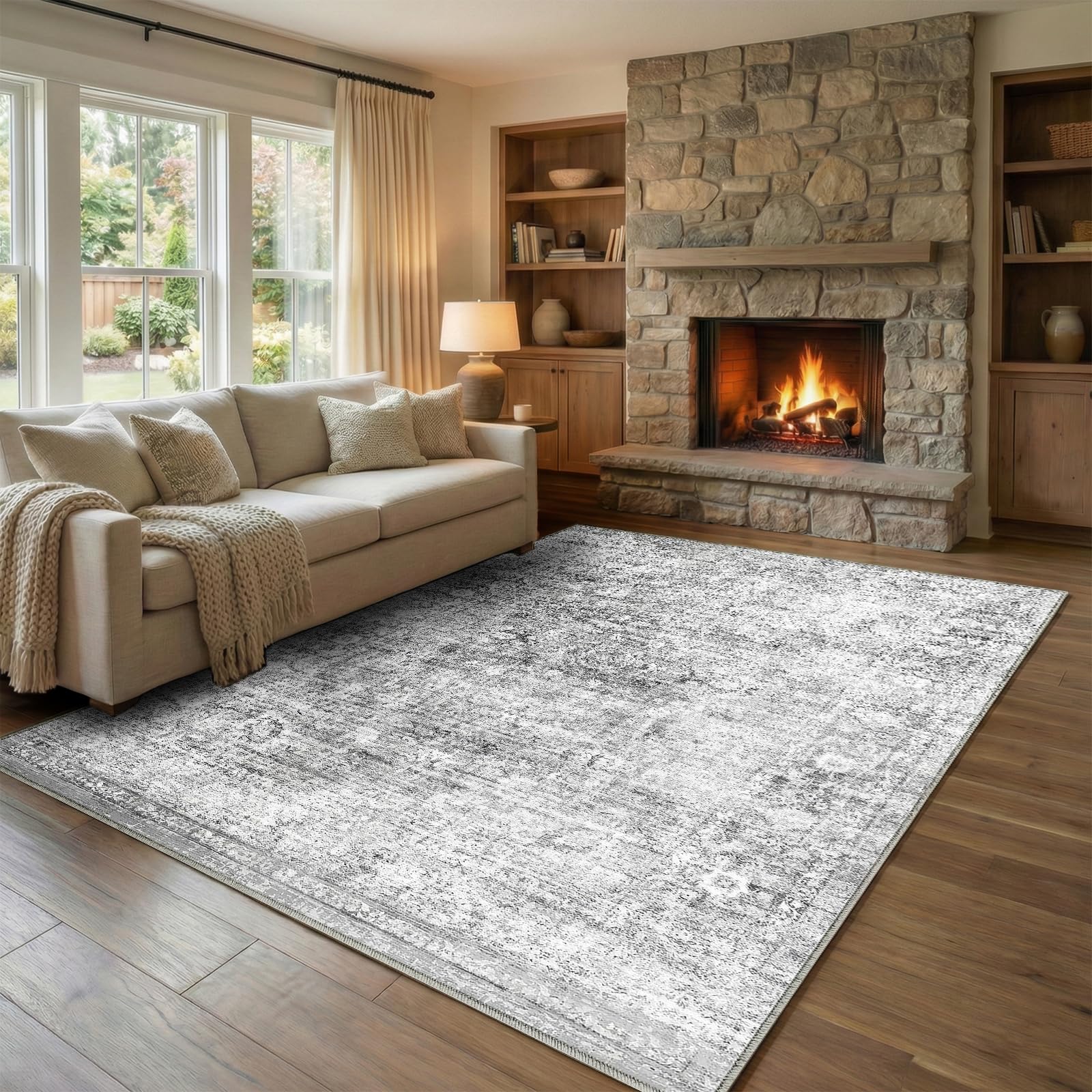 Homemate Washable Rug 8x10 Area Rugs - Vintage Faux Wool Rugs for Living Room Bedroom Dining Room - Non Slip Foldable Carpet Indoor Area Rug for Home Decor（8'x10', Beige