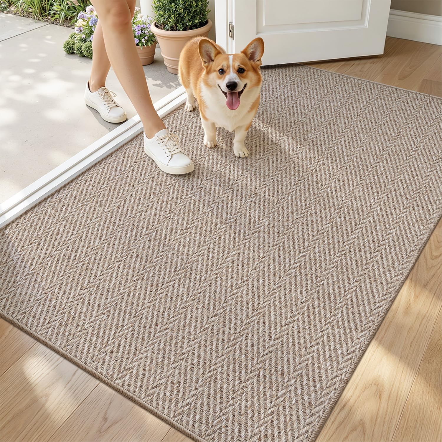 LUMI Ultra Thin Indoor Door Mat for Entrance 24"x36", Non Slip Entryway Mat, Low Profile Doormat, Unique Herringbone Design Carpet for Inside, Patio, Porch, Beige