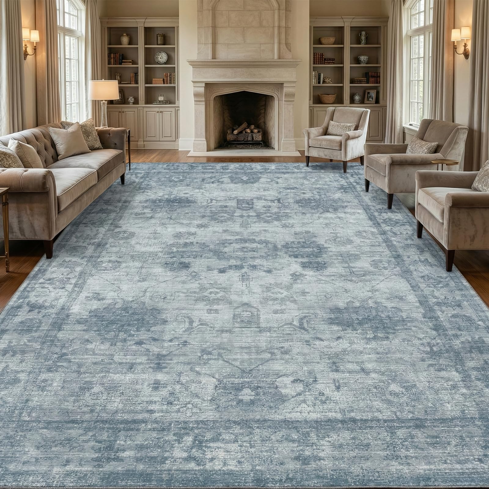 Homemate Washable Rug 8x10 Area Rugs - Vintage Faux Wool Rugs for Living Room Bedroom Dining Room - Non Slip Foldable Carpet Indoor Area Rug for Home Decor（8'x10', Beige