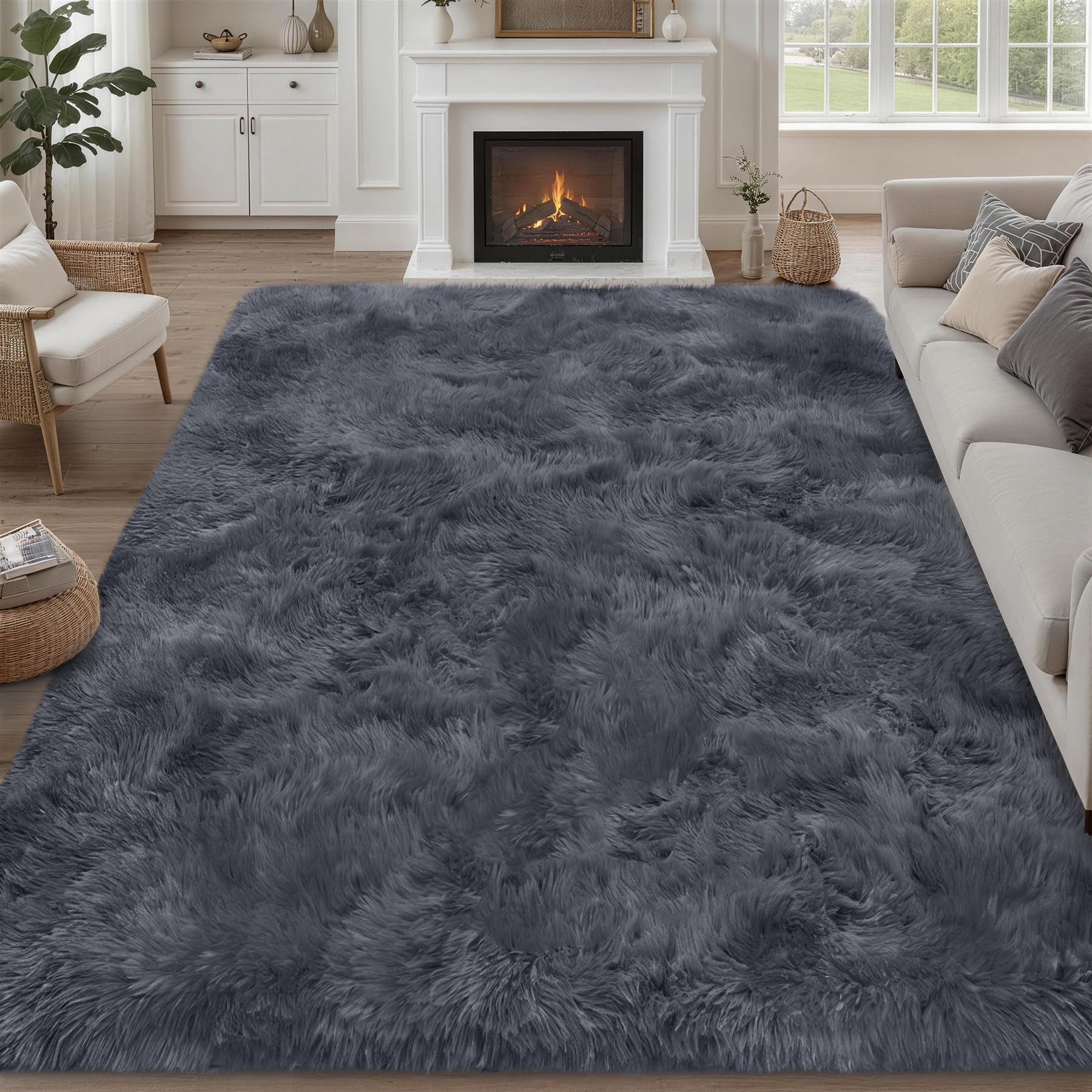 8x10 Area Rugs for Living Room Bedroom: Ultra Soft Fluffy Shag Rug Upgrade Non-Slip Non-Shedding Large Fuzzy Plush Carpet Indoor Floor Carpets for Kids Room Playroom Nursery Dorms Home Decor Black