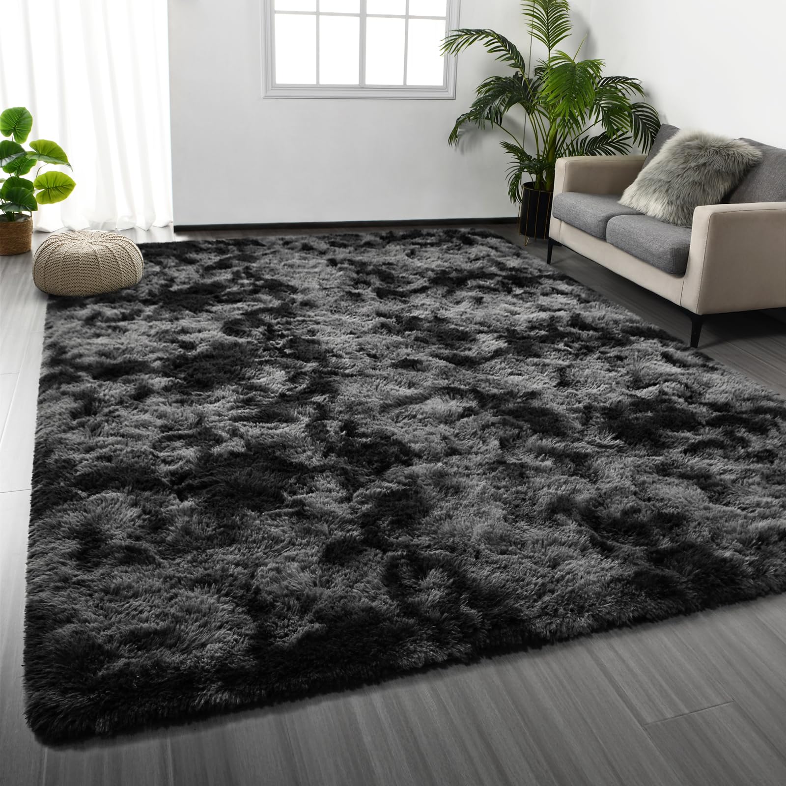 Deerhoo Large Shag Area Rugs 6 x 9, Tie-Dyed Plush Fuzzy Rug for Living Room, Ultra Soft Fluffy Furry Rugs for Bedroom, Indoor Carpet Nursery Rugs for Kids Room Home Decor, Light Grey