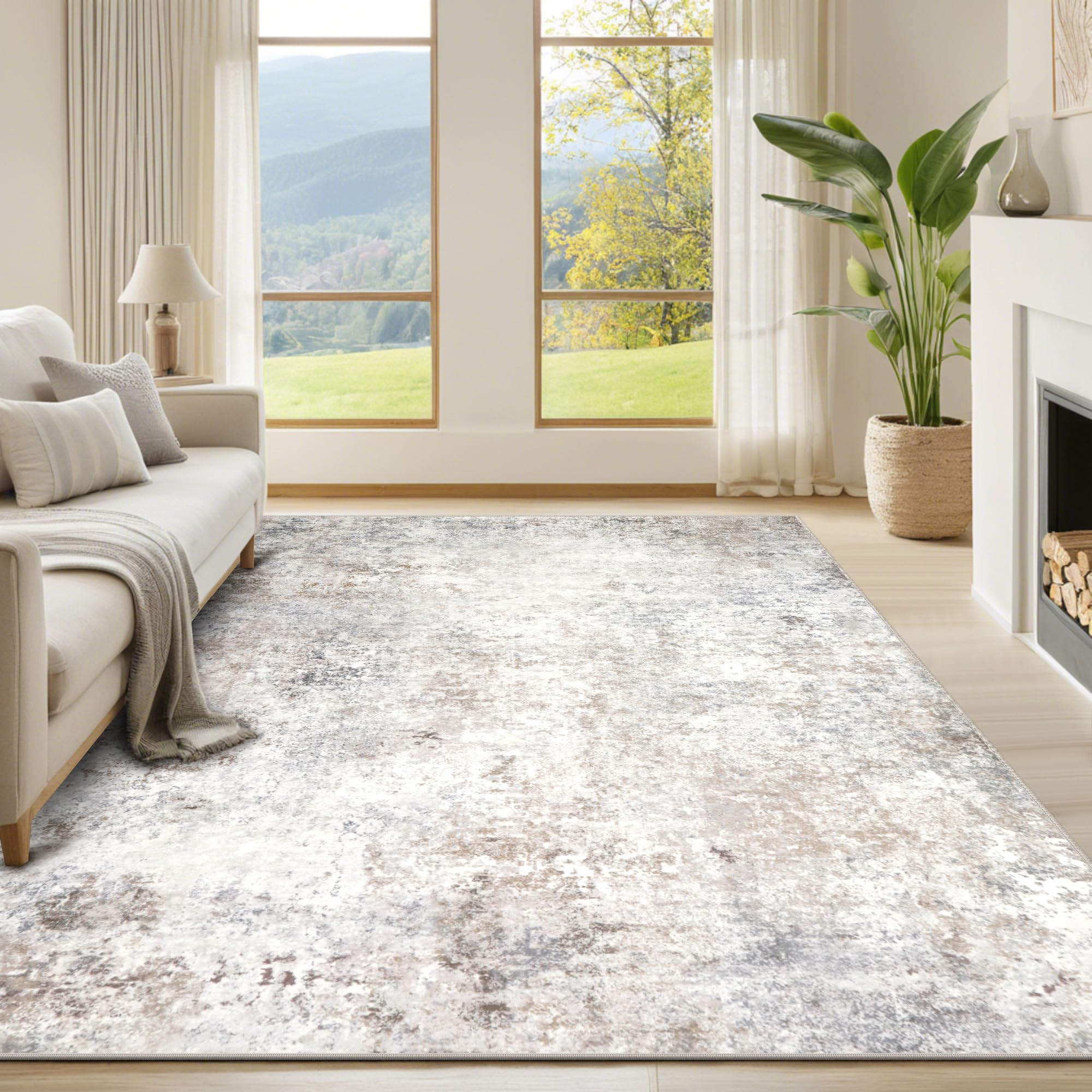 Srugn Washable Rugs 8x10 Area Rugs for Living Room,Ultra Soft Faux Wool Retro Rugs for Bedroom,Dining Room,Non Slip&Non-Shedding Low Pile Vintage Print Rug Indoor Large Carpets for Home Office Decor