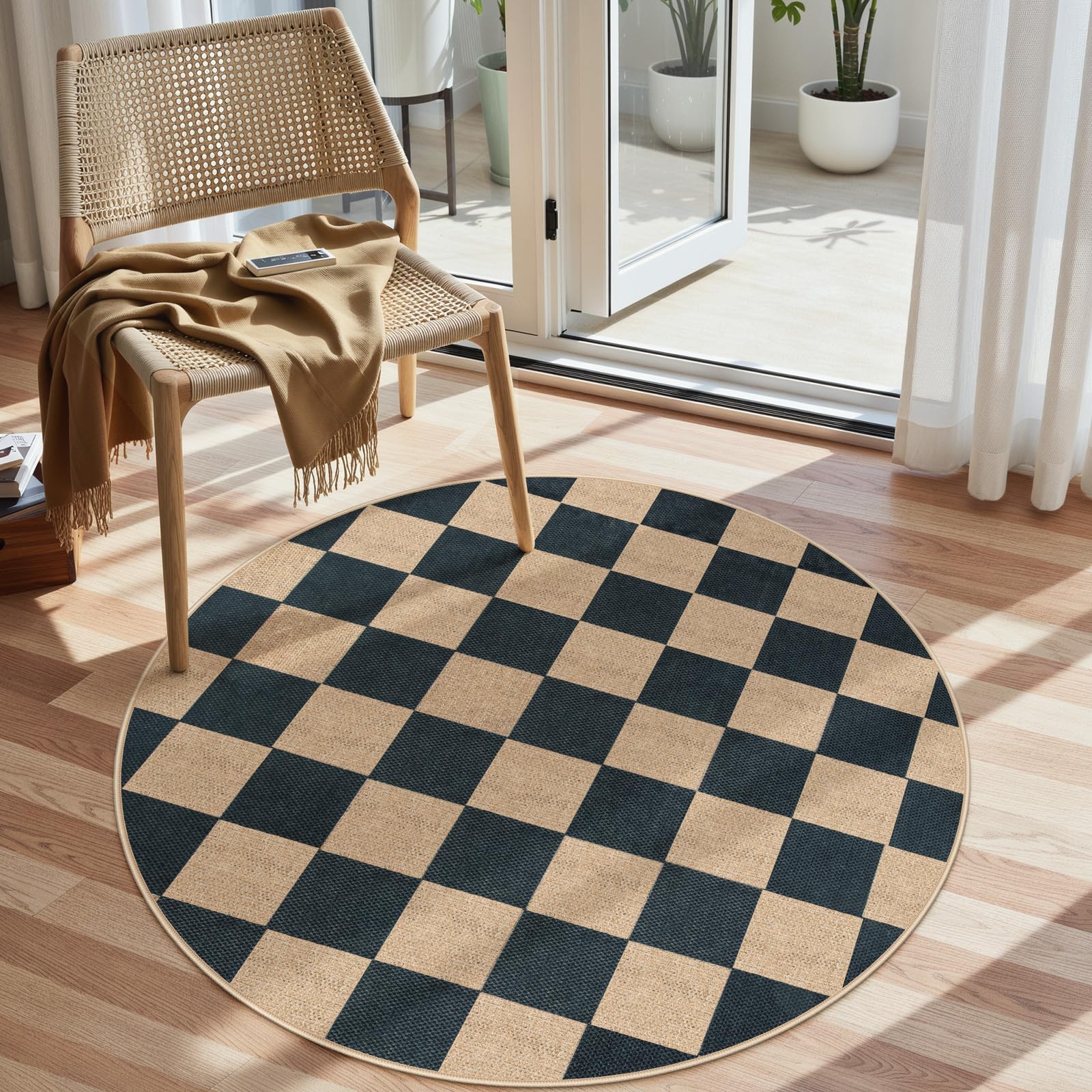 Lahome Colette Checkered Easy Jute Entryway Rug, 3x5 Washable Area Rugs for Living Room Outdoor Patio, Non Slip Blue Indoor Door Mat Checkerboard Throw Carpet for Entry Front Door Guestroom Deck