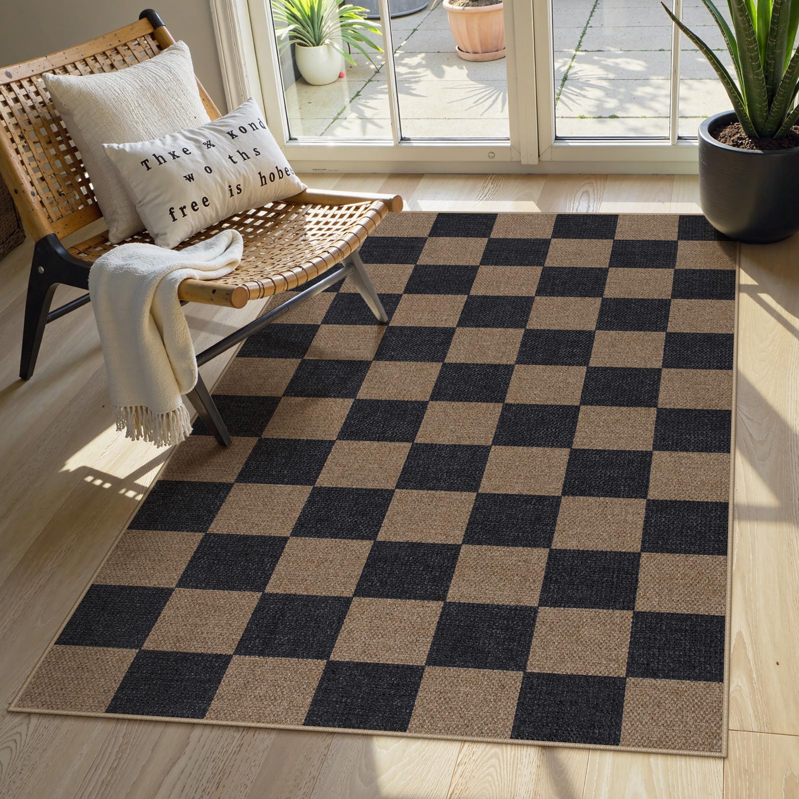 Lahome Colette Checkered Easy Jute Entryway Rug, 3x5 Washable Area Rugs for Living Room Outdoor Patio, Non Slip Blue Indoor Door Mat Checkerboard Throw Carpet for Entry Front Door Guestroom Deck