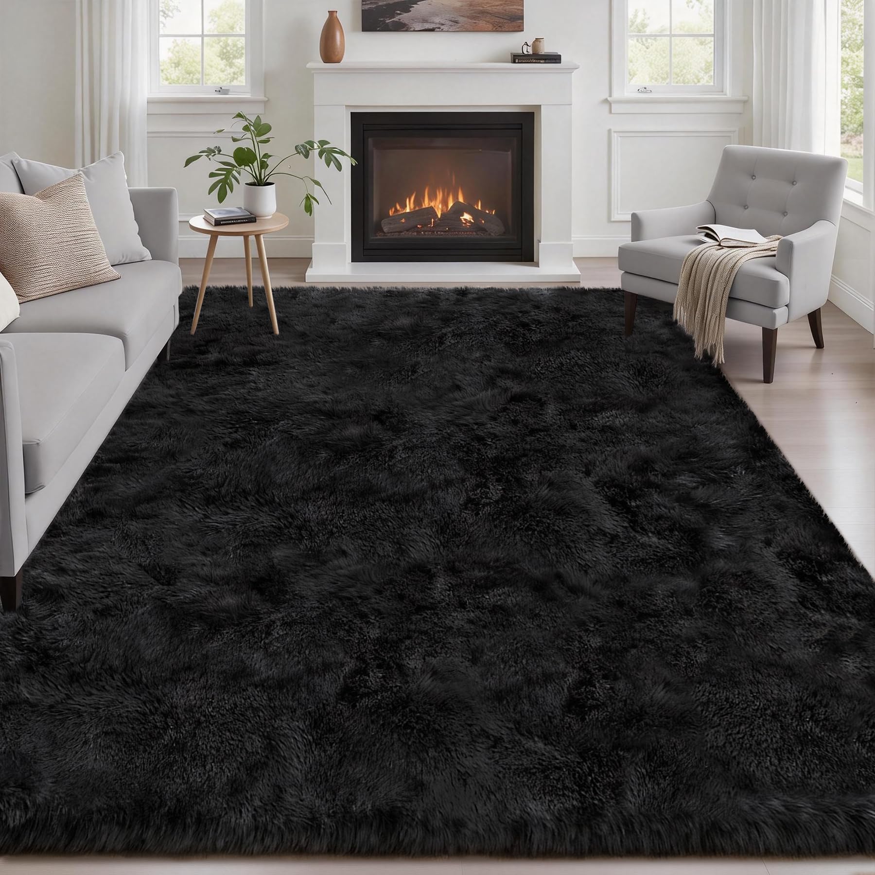 8x10 Area Rugs for Living Room Bedroom: Ultra Soft Fluffy Shag Rug Upgrade Non-Slip Non-Shedding Large Fuzzy Plush Carpet Indoor Floor Carpets for Kids Room Playroom Nursery Dorms Home Decor Black