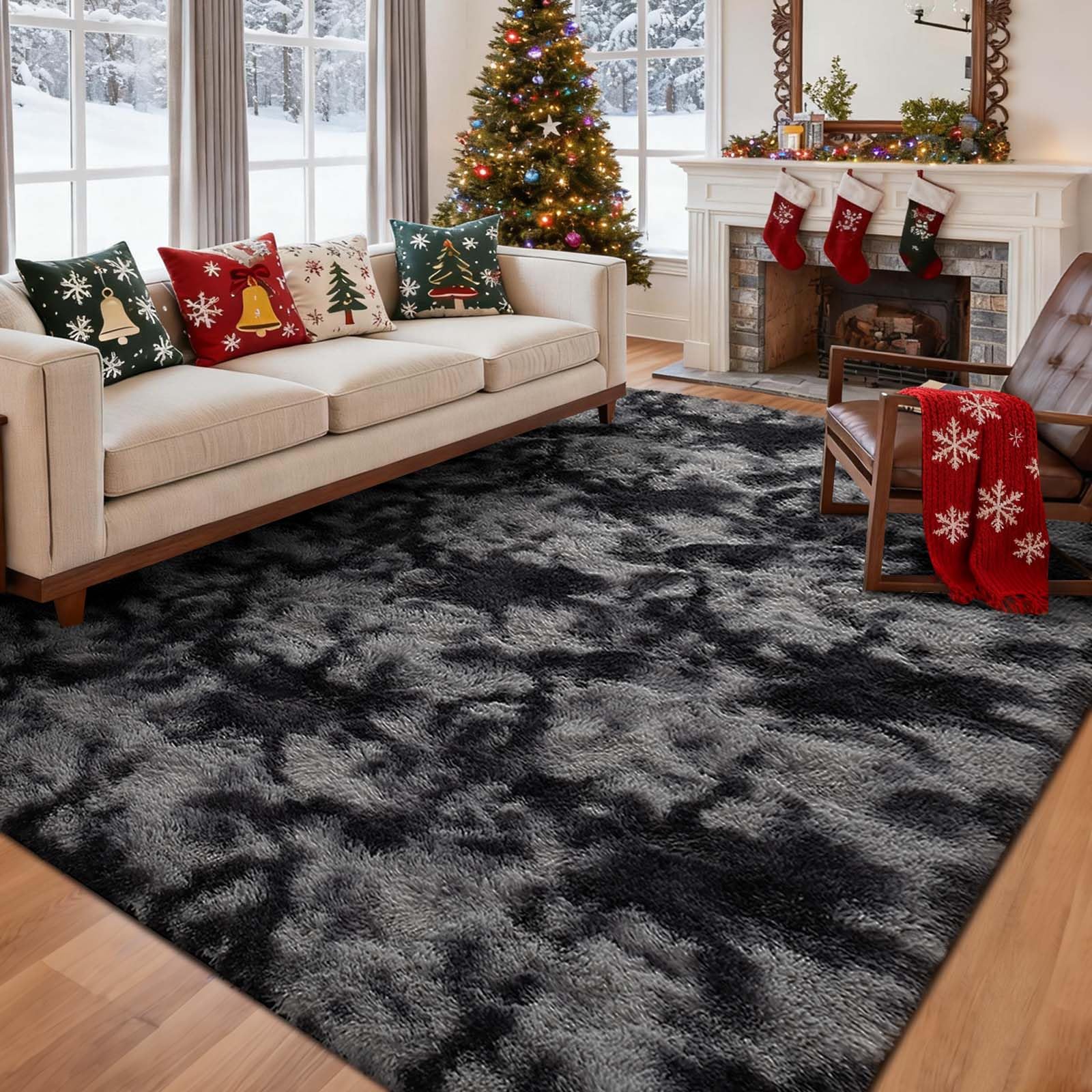 6x9 Ft Large Shag Rugs for Living Room Decor, Tie-Dyed Ultra Soft Fluffy Furry Area Rugs for Bedroom Indoor Floor, Aesthetic Carpet for Kids Home (Dark Grey)