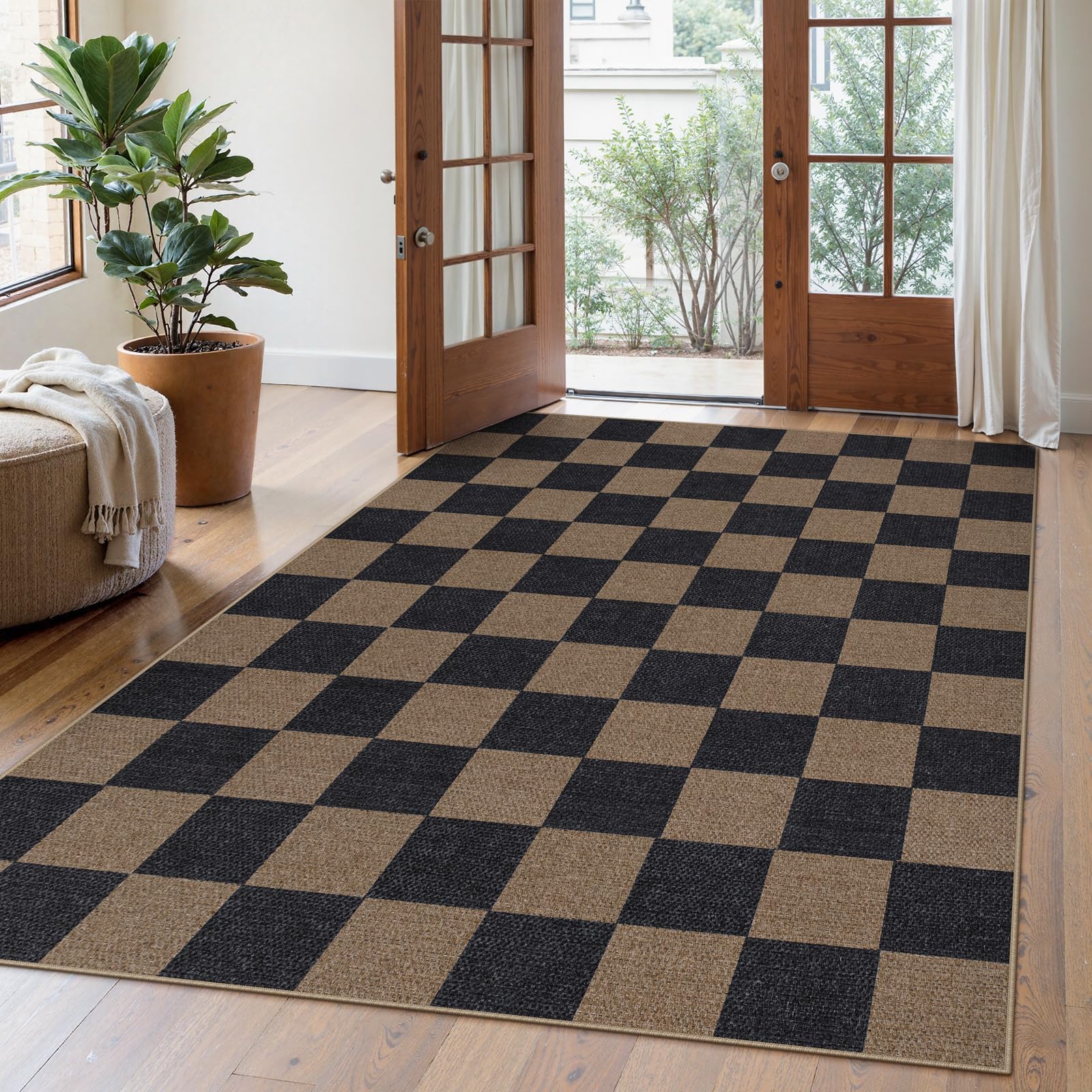 Lahome Colette Checkered Easy Jute Entryway Rug, 3x5 Washable Area Rugs for Living Room Outdoor Patio, Non Slip Blue Indoor Door Mat Checkerboard Throw Carpet for Entry Front Door Guestroom Deck