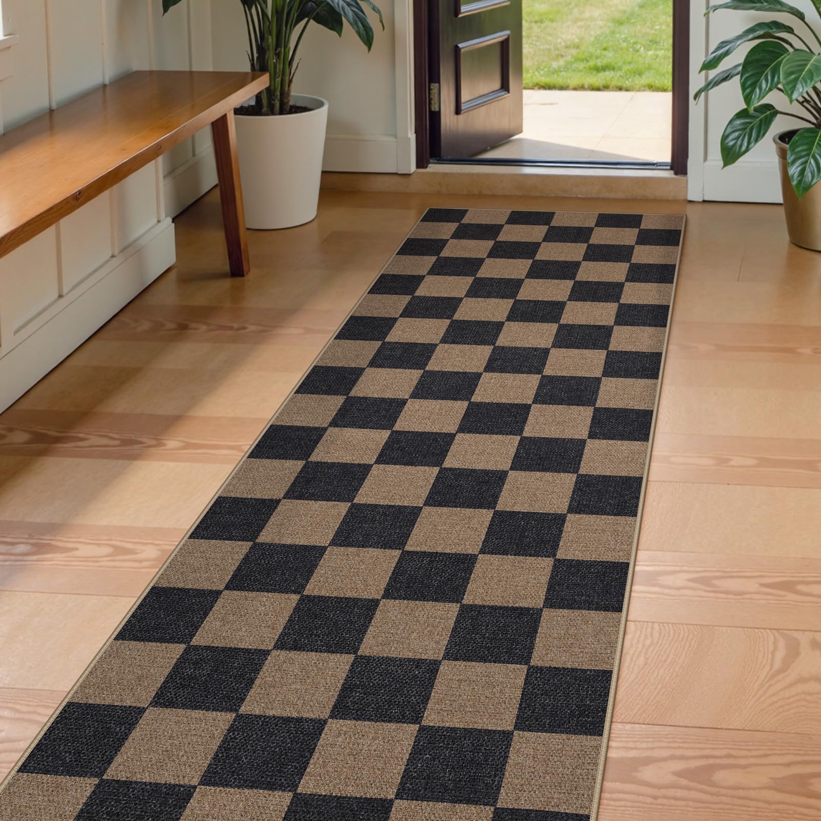 Lahome Colette Checkered Easy Jute Entryway Rug, 3x5 Washable Area Rugs for Living Room Outdoor Patio, Non Slip Blue Indoor Door Mat Checkerboard Throw Carpet for Entry Front Door Guestroom Deck