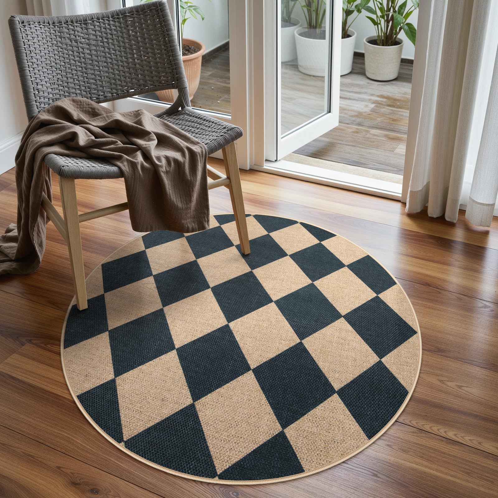 Lahome Colette Checkered Easy Jute Entryway Rug, 3x5 Washable Area Rugs for Living Room Outdoor Patio, Non Slip Blue Indoor Door Mat Checkerboard Throw Carpet for Entry Front Door Guestroom Deck