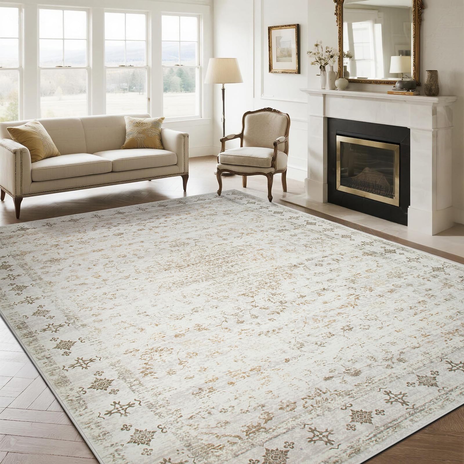 Srugn Washable Rugs 8x10 Area Rugs for Living Room,Ultra Soft Faux Wool Retro Rugs for Bedroom,Dining Room,Non Slip&Non-Shedding Low Pile Vintage Print Rug Indoor Large Carpets for Home Office Decor