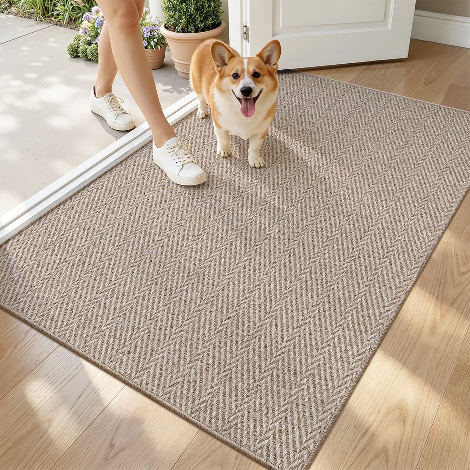 LUMI Ultra Thin Indoor Door Mat for Entrance 24"x36", Non Slip Entryway Mat, Low Profile Doormat, Unique Herringbone Design Carpet for Inside, Patio, Porch, Beige