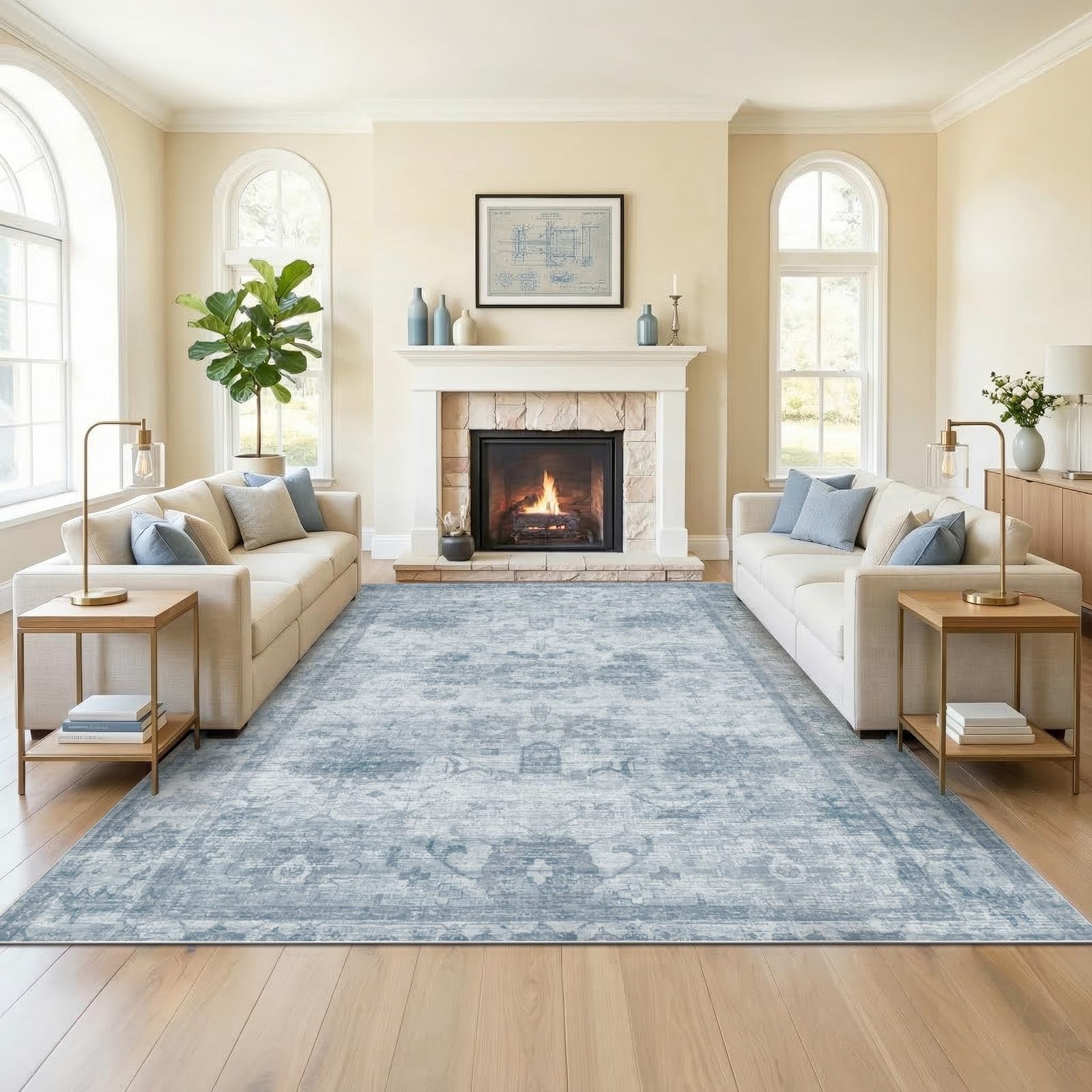 Homemate Washable Rug 8x10 Area Rugs - Vintage Faux Wool Rugs for Living Room Bedroom Dining Room - Non Slip Foldable Carpet Indoor Area Rug for Home Decor（8'x10', Beige