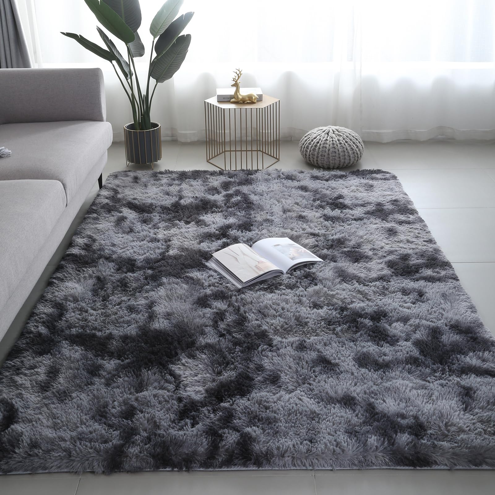 Shag Area Rugs for Bedroom Living Room,8X10 Ultra Soft Fluffy Area Rugs for Dorm, Indoor Carpet Nursery Rugs for Kids Girls Room Home Decor,Tie-Dye Grey