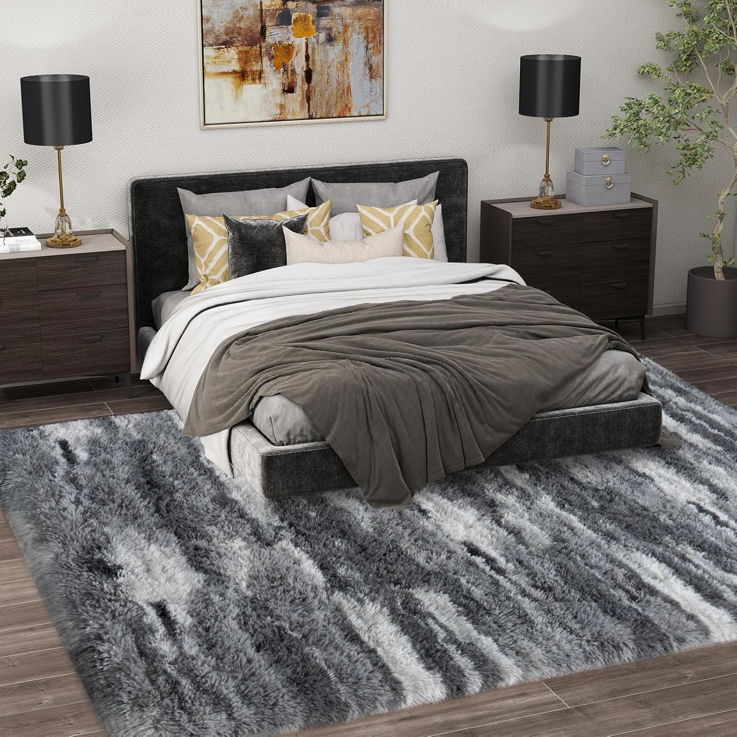Shag Rugs for Living Room 8x10, Ultra Soft Abstract Grey Big Fuzzy Rugs for Bedroom, 8 x 10 Fluffy Shaggy Plush Carpet Girls Kids Room Dorm Upgrade Non-Slip