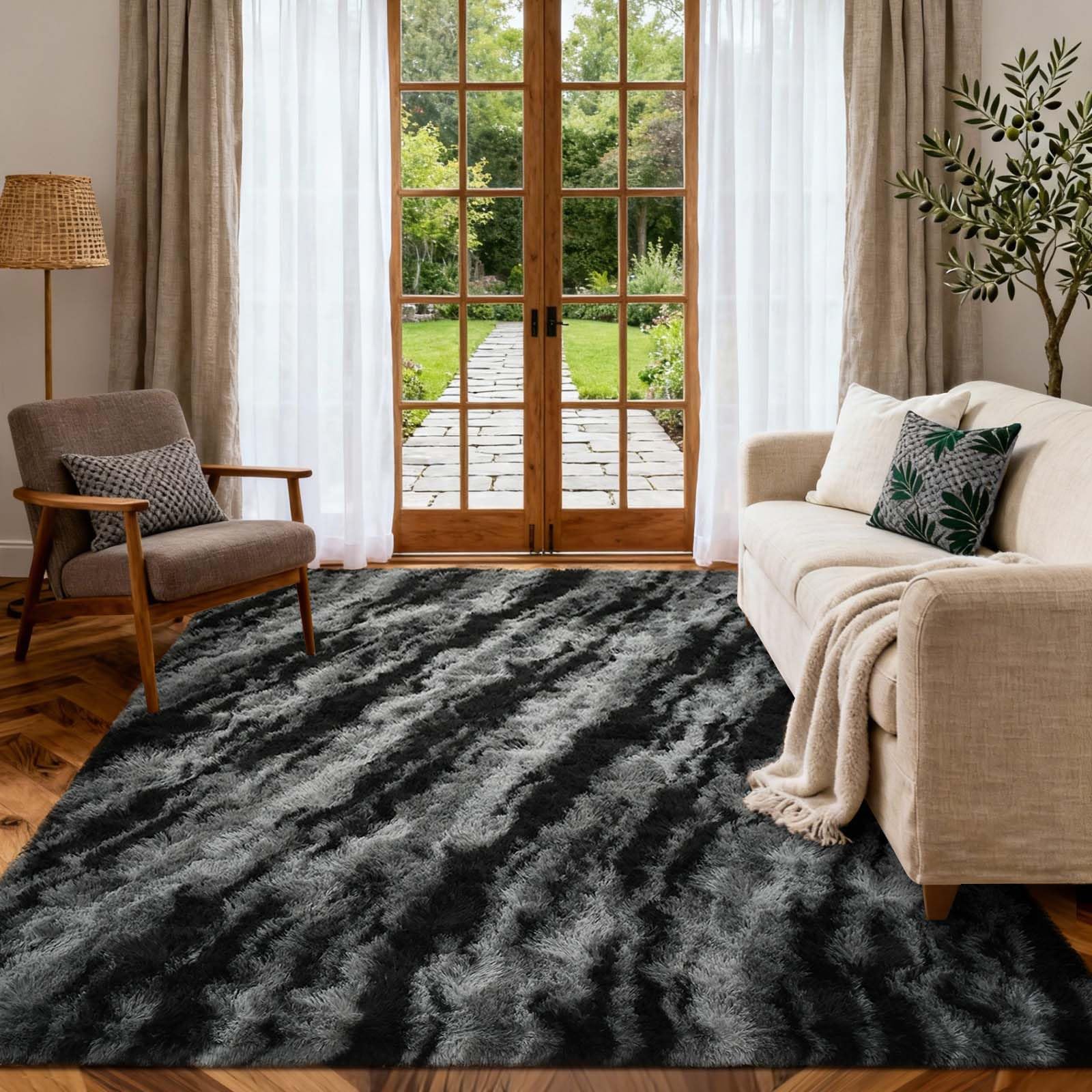 6x9 Ft Large Shag Rugs for Living Room Decor, Tie-Dyed Ultra Soft Fluffy Furry Area Rugs for Bedroom Indoor Floor, Aesthetic Carpet for Kids Home (Dark Grey)