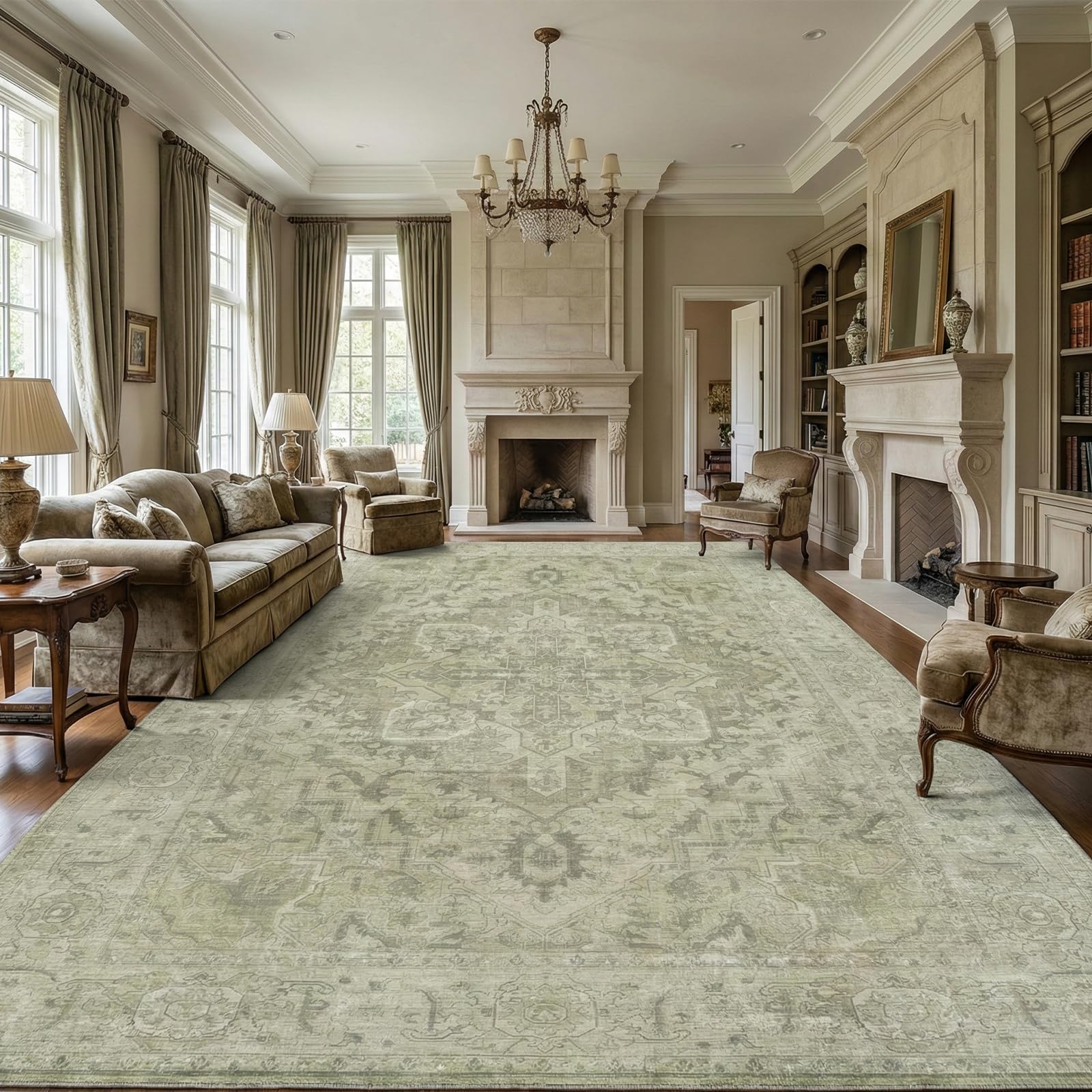Homemate Washable Rug 8x10 Area Rugs - Vintage Faux Wool Rugs for Living Room Bedroom Dining Room - Non Slip Foldable Carpet Indoor Area Rug for Home Decor（8'x10', Beige