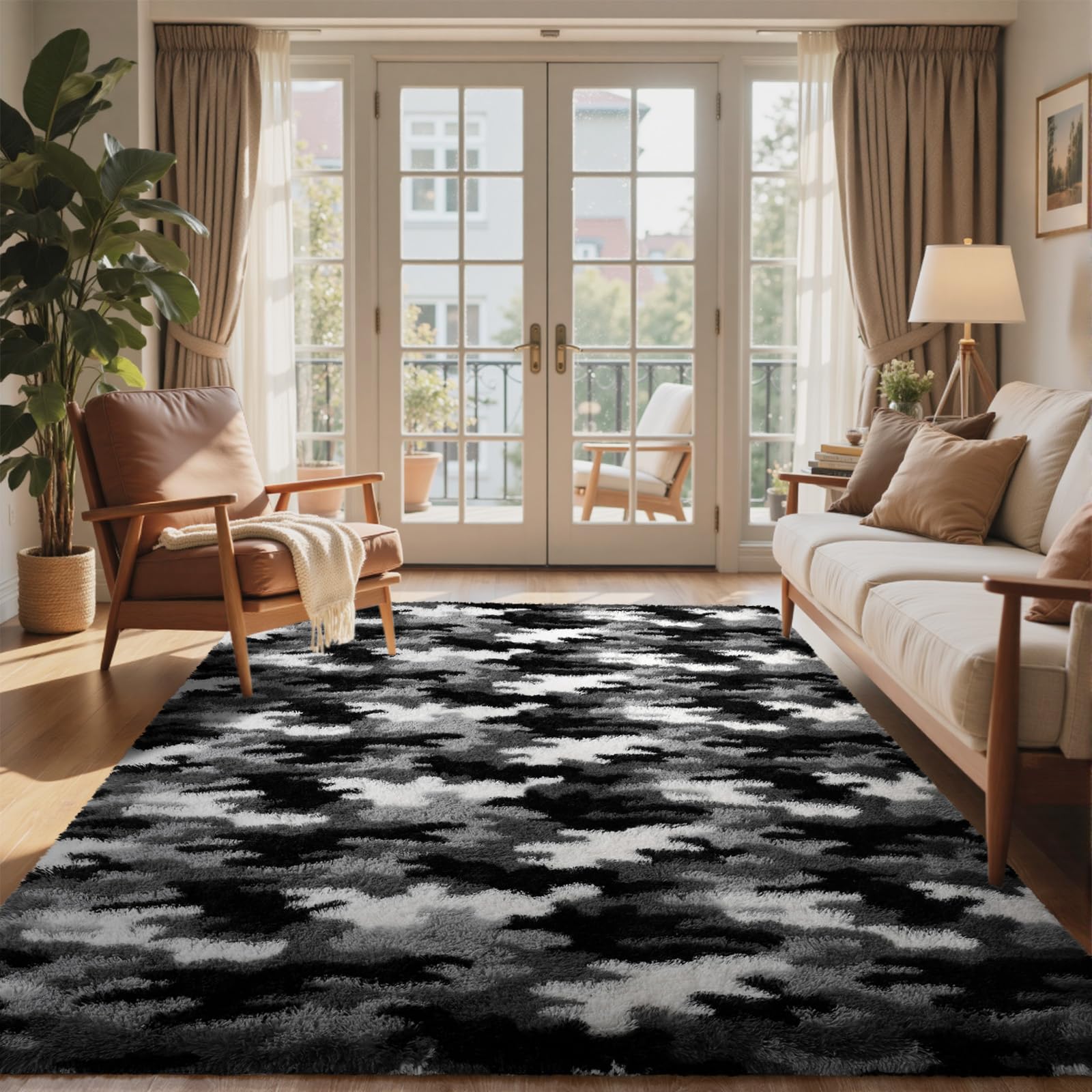 6x9 Ft Large Shag Rugs for Living Room Decor, Tie-Dyed Ultra Soft Fluffy Furry Area Rugs for Bedroom Indoor Floor, Aesthetic Carpet for Kids Home (Dark Grey)