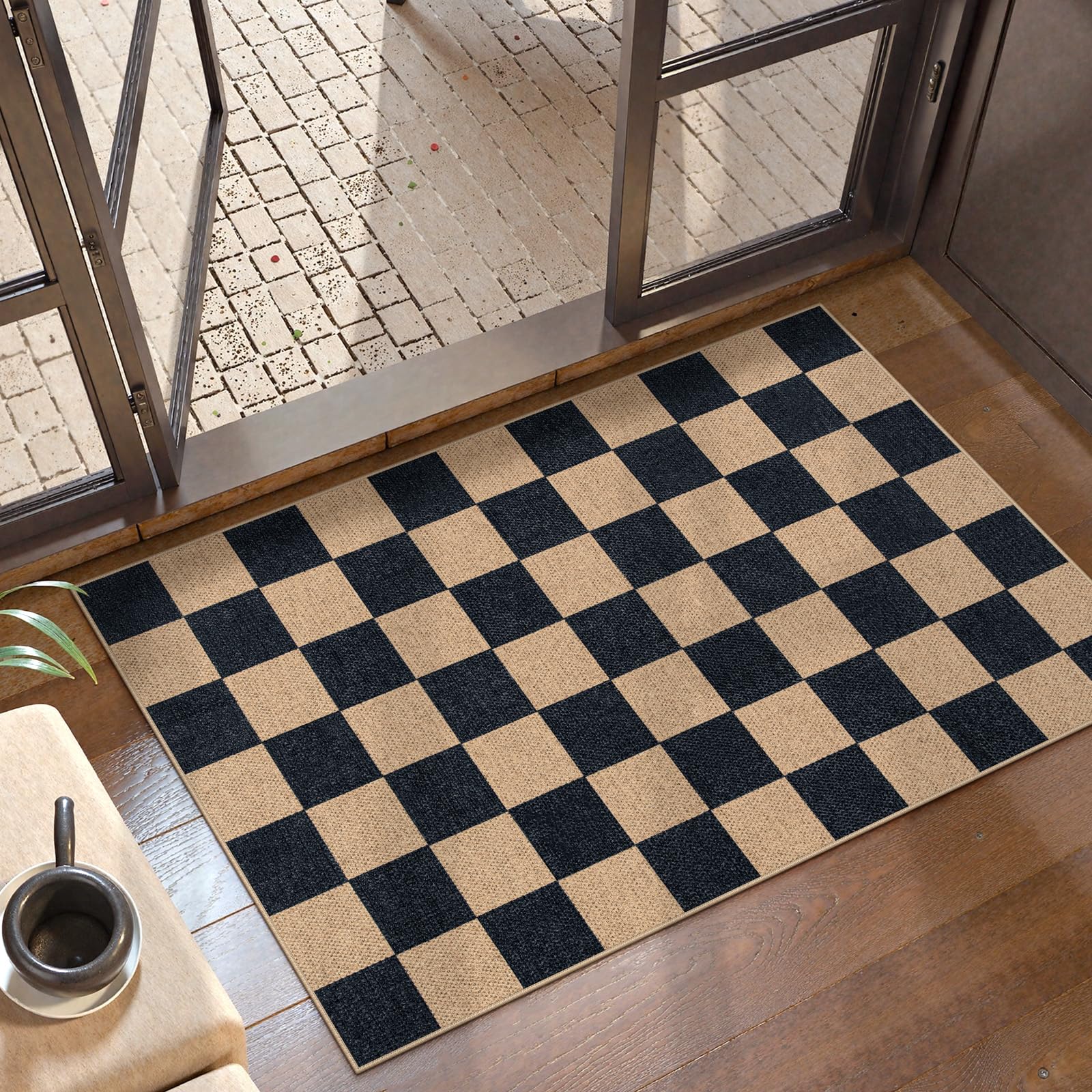 Lahome Colette Checkered Easy Jute Entryway Rug, 3x5 Washable Area Rugs for Living Room Outdoor Patio, Non Slip Blue Indoor Door Mat Checkerboard Throw Carpet for Entry Front Door Guestroom Deck