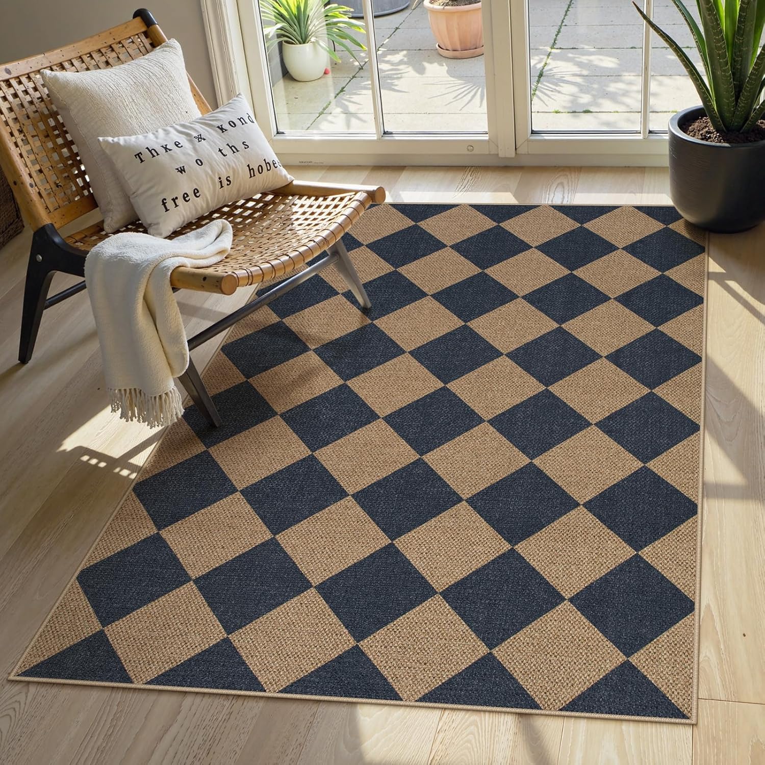 Lahome Colette Checkered Easy Jute Entryway Rug, 3x5 Washable Area Rugs for Living Room Outdoor Patio, Non Slip Blue Indoor Door Mat Checkerboard Throw Carpet for Entry Front Door Guestroom Deck