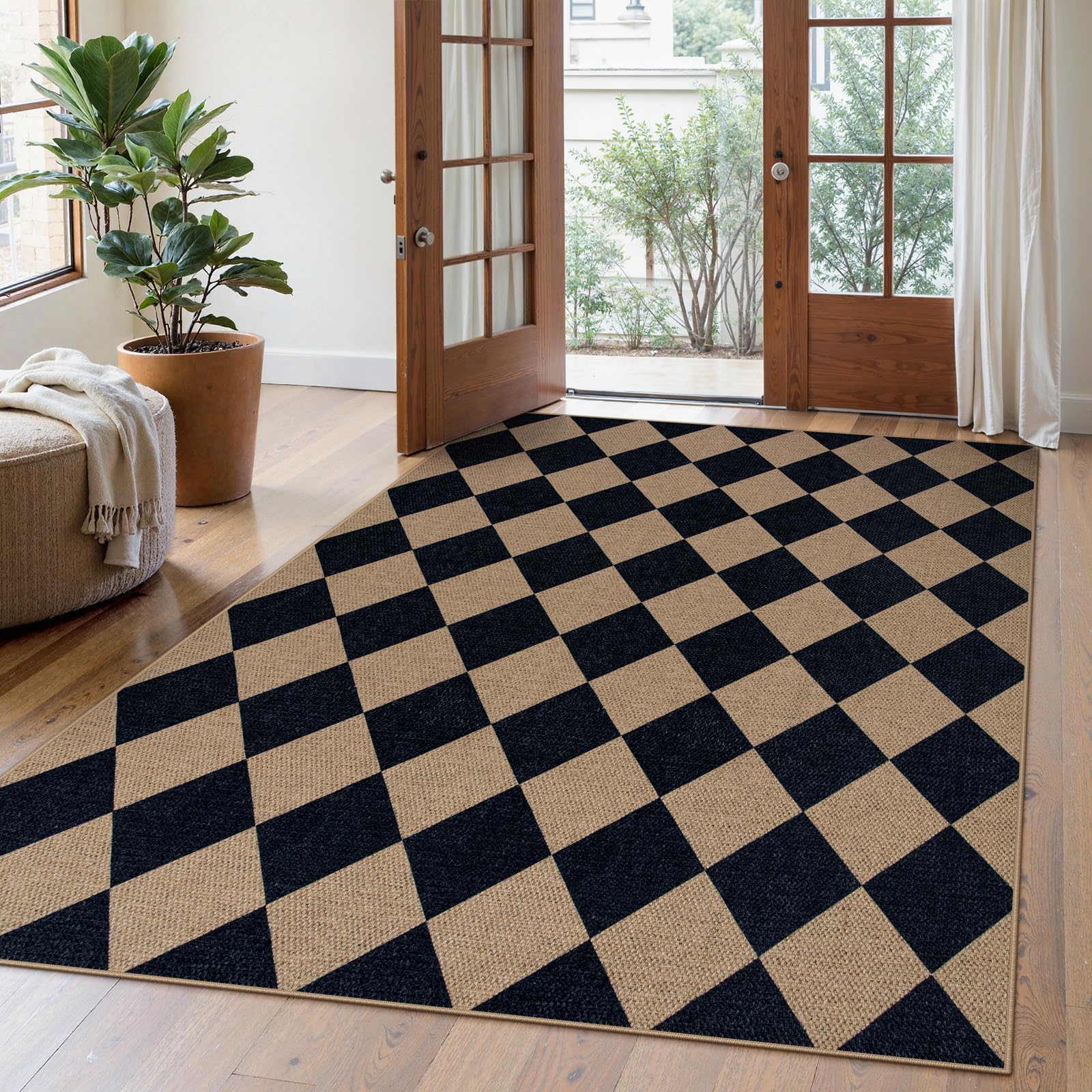 Lahome Colette Checkered Easy Jute Entryway Rug, 3x5 Washable Area Rugs for Living Room Outdoor Patio, Non Slip Blue Indoor Door Mat Checkerboard Throw Carpet for Entry Front Door Guestroom Deck