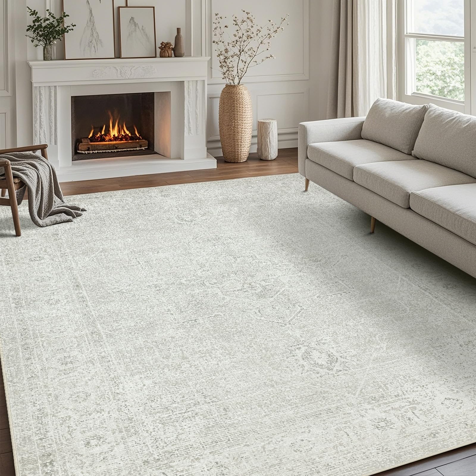 Srugn Washable Rugs 8x10 Area Rugs for Living Room,Ultra Soft Faux Wool Retro Rugs for Bedroom,Dining Room,Non Slip&Non-Shedding Low Pile Vintage Print Rug Indoor Large Carpets for Home Office Decor