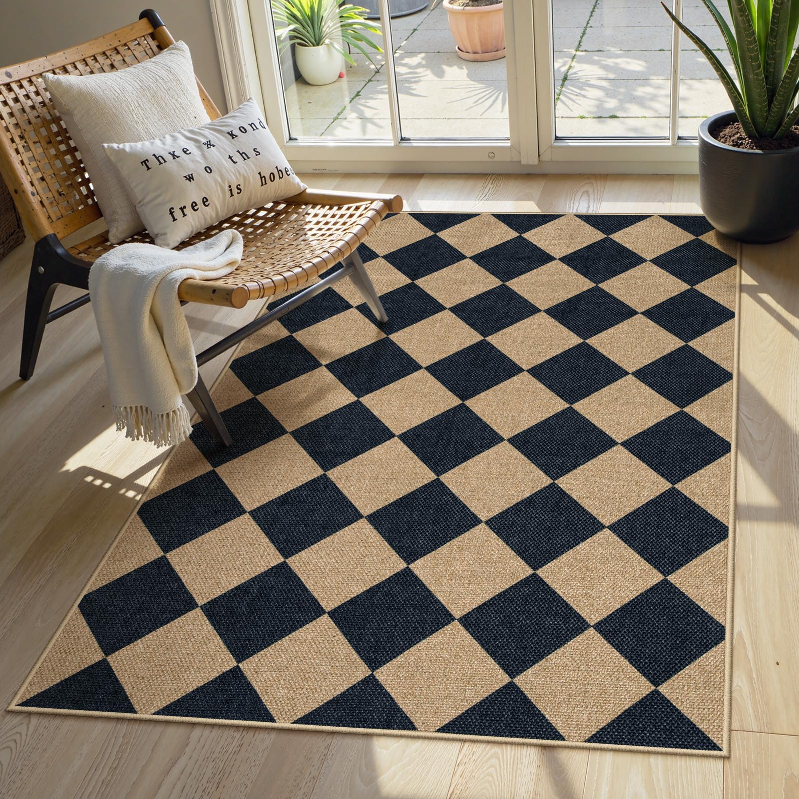 Lahome Colette Checkered Easy Jute Entryway Rug, 3x5 Washable Area Rugs for Living Room Outdoor Patio, Non Slip Blue Indoor Door Mat Checkerboard Throw Carpet for Entry Front Door Guestroom Deck