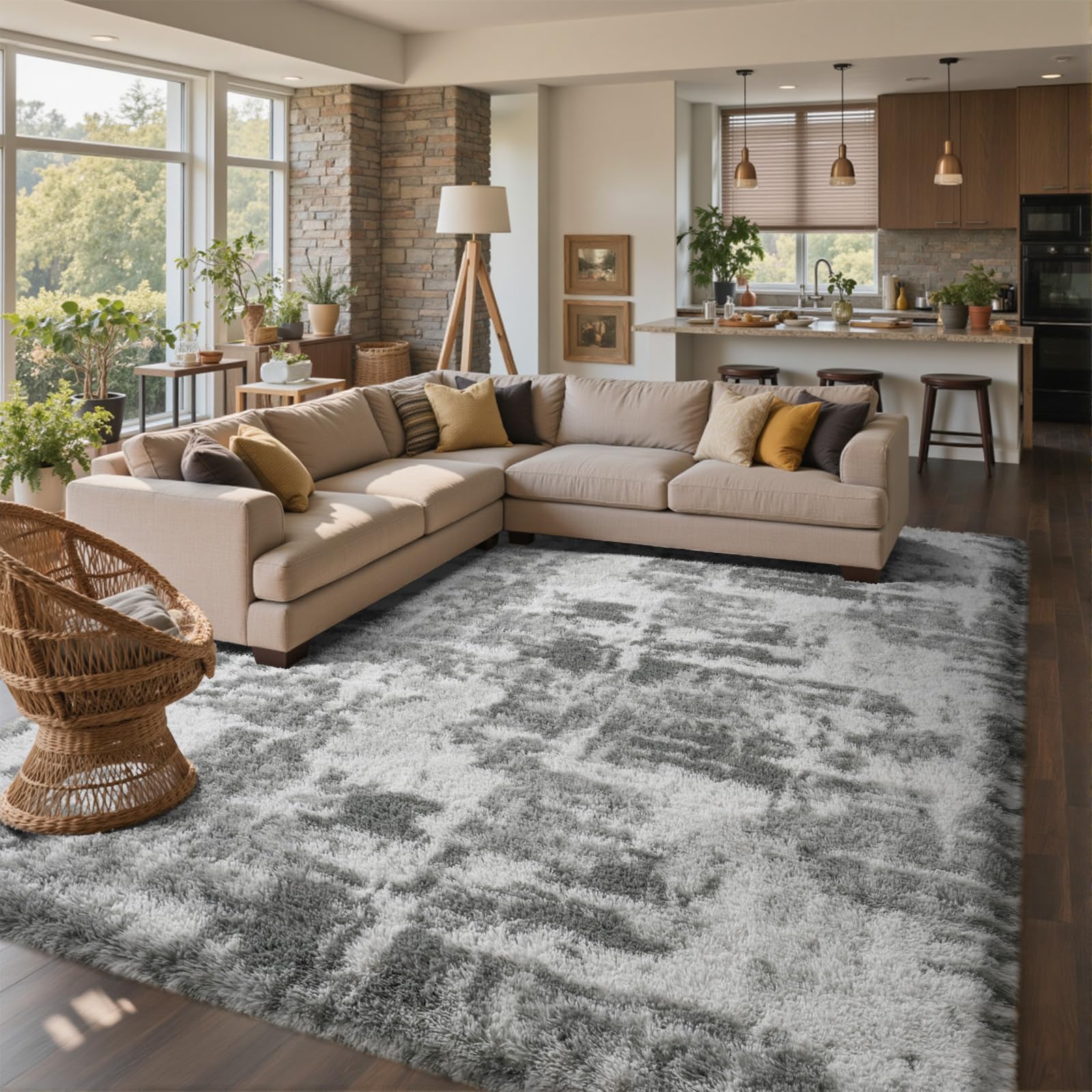 6x9 Ft Large Shag Rugs for Living Room Decor, Tie-Dyed Ultra Soft Fluffy Furry Area Rugs for Bedroom Indoor Floor, Aesthetic Carpet for Kids Home (Dark Grey)
