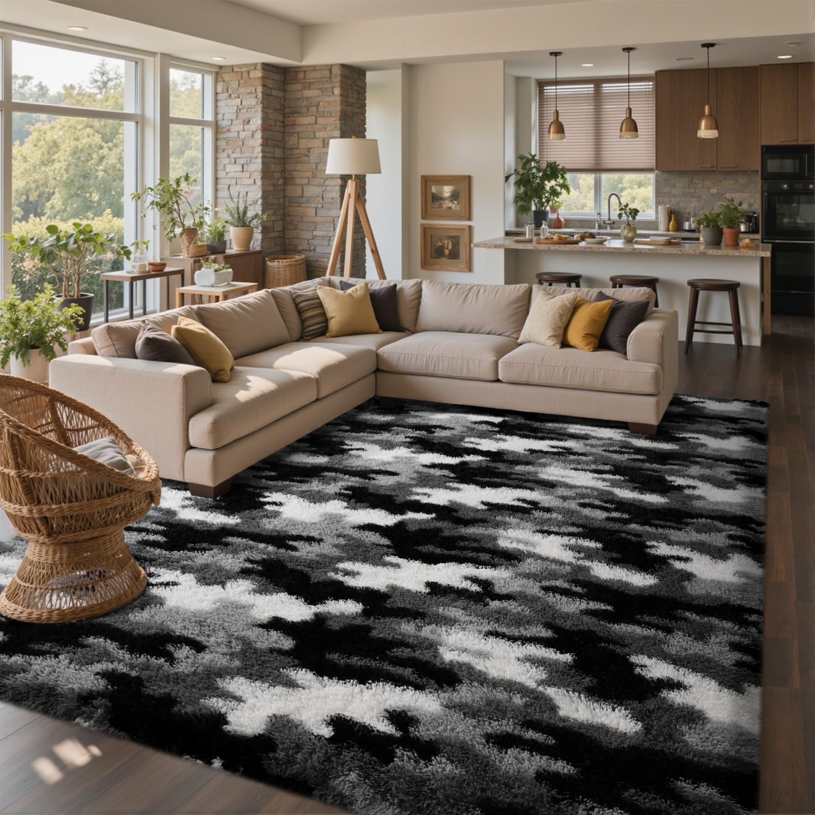 6x9 Ft Large Shag Rugs for Living Room Decor, Tie-Dyed Ultra Soft Fluffy Furry Area Rugs for Bedroom Indoor Floor, Aesthetic Carpet for Kids Home (Dark Grey)