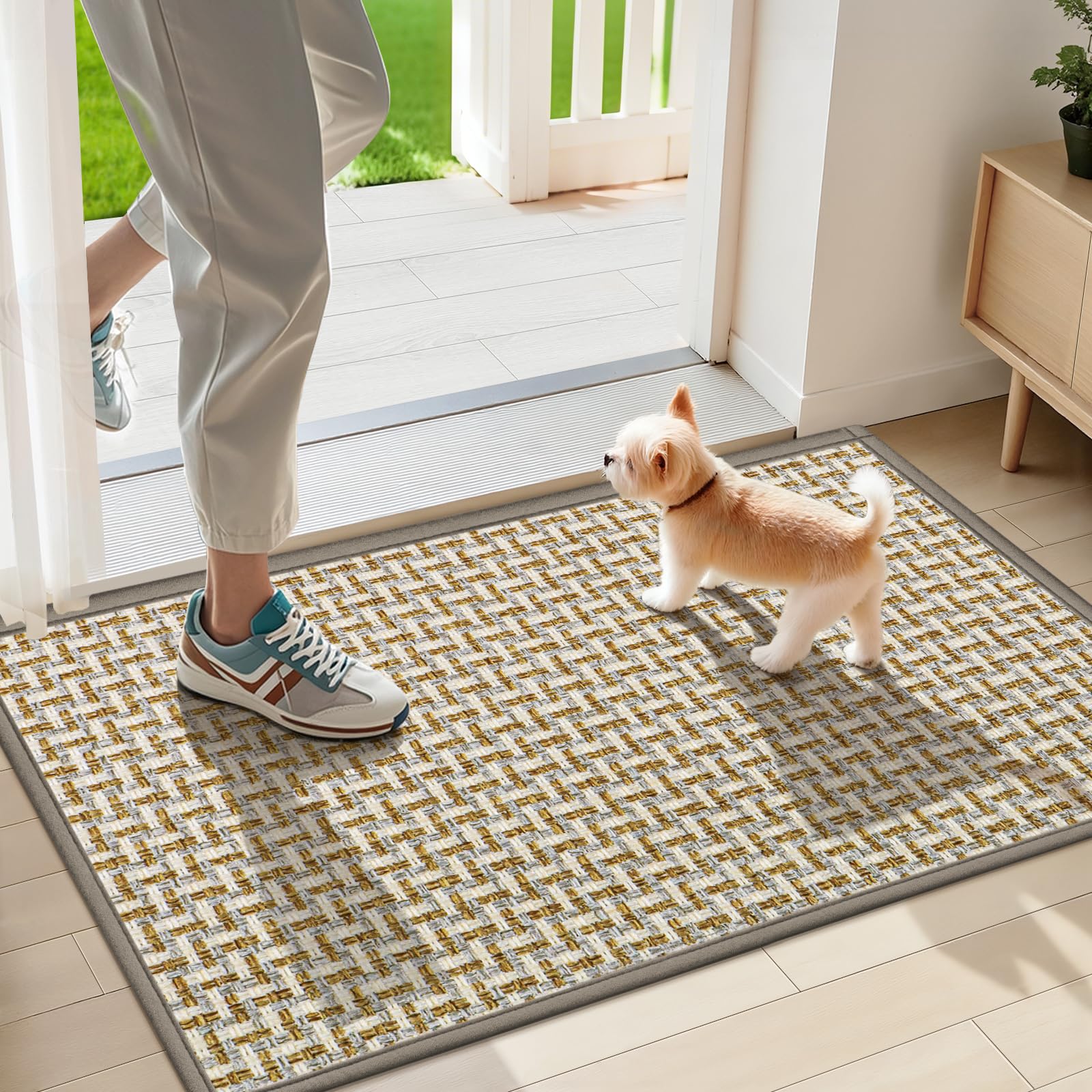 LEKEEPGO Ultra Thin Indoor Door Mat 36"x59", Low-Profile Door Mat Indoor Entrance, Non Slip Rubber Backing Inside Doormat Washable Welcome Front Entryway Dirt Trapper Entry Mat, Khaki
