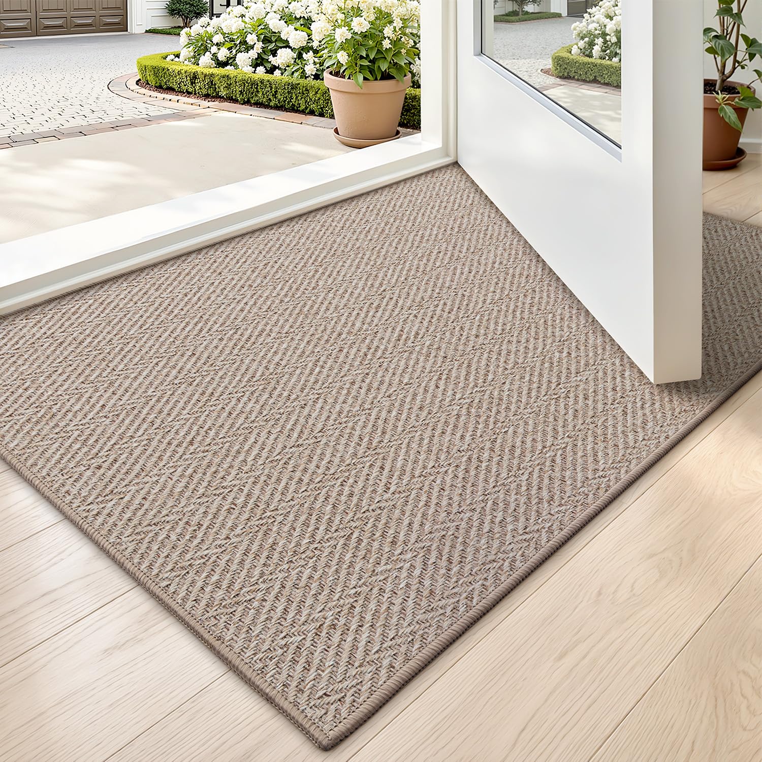 LUMI Ultra Thin Indoor Door Mat for Entrance 24"x36", Non Slip Entryway Mat, Low Profile Doormat, Unique Herringbone Design Carpet for Inside, Patio, Porch, Beige