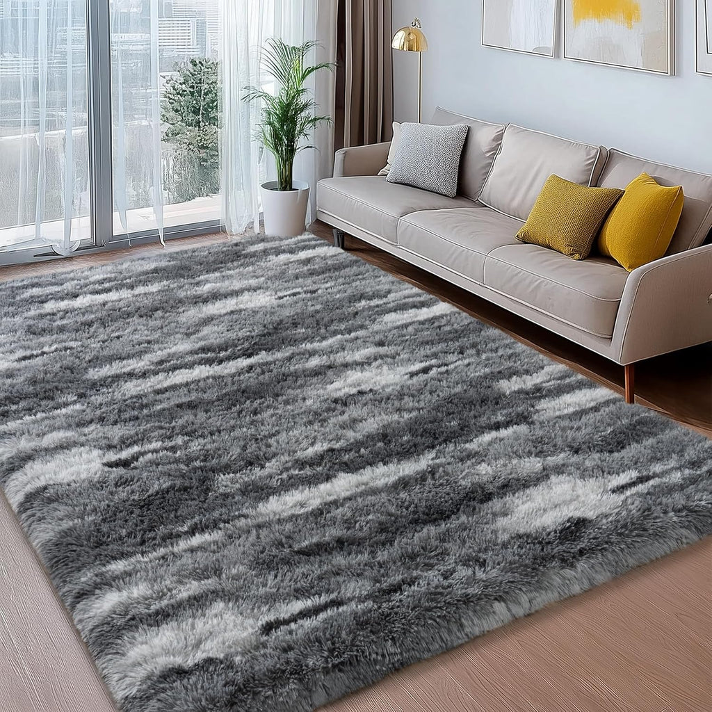 Shag Rugs for Living Room 8x10, Ultra Soft Abstract Grey Big Fuzzy Rugs for Bedroom, 8 x 10 Fluffy Shaggy Plush Carpet Girls Kids Room Dorm Upgrade Non-Slip